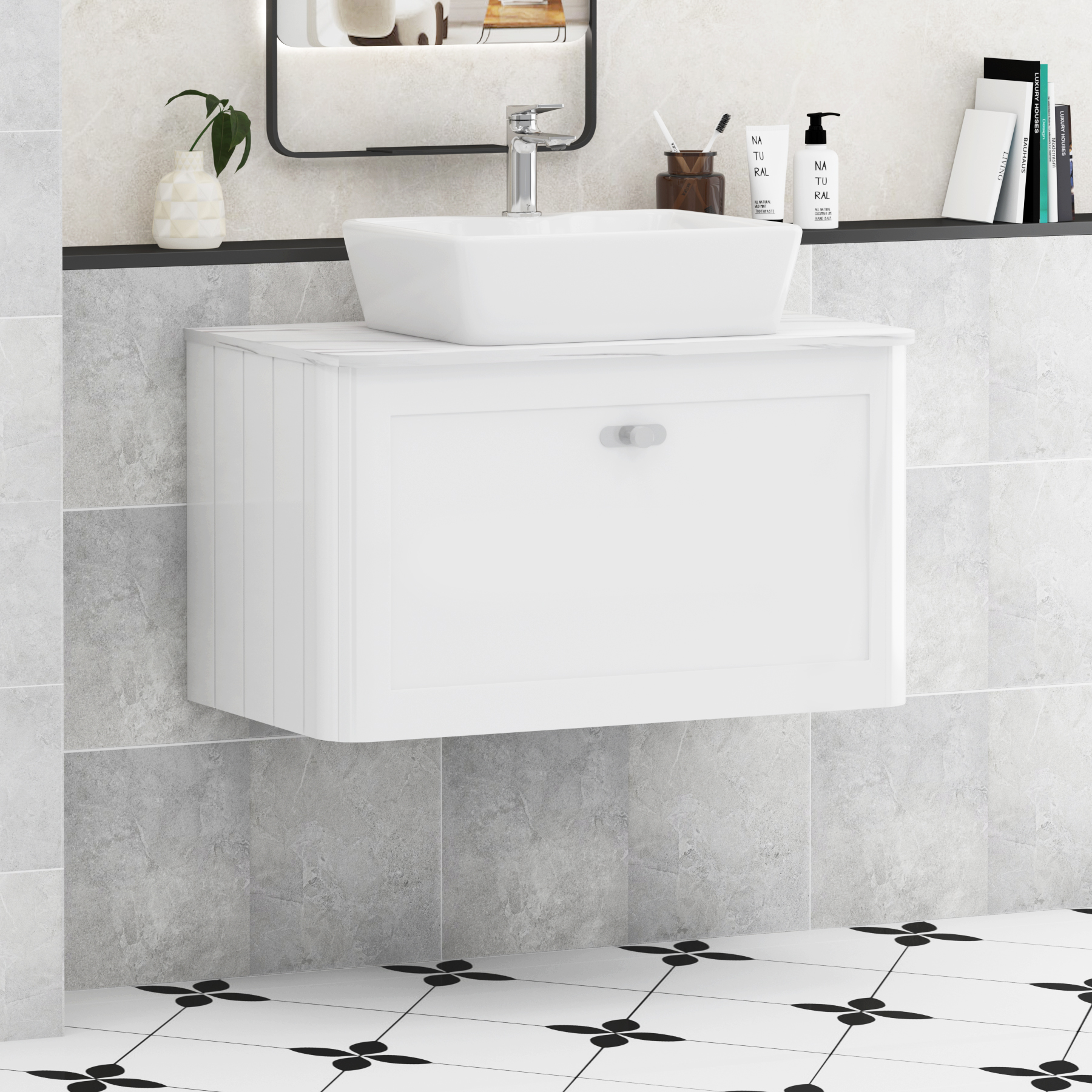 Henley 1 Drawer Wall Hung Vanity Unit – Multiple Sizes, Colours, Knobs, Worktop & Basins Options