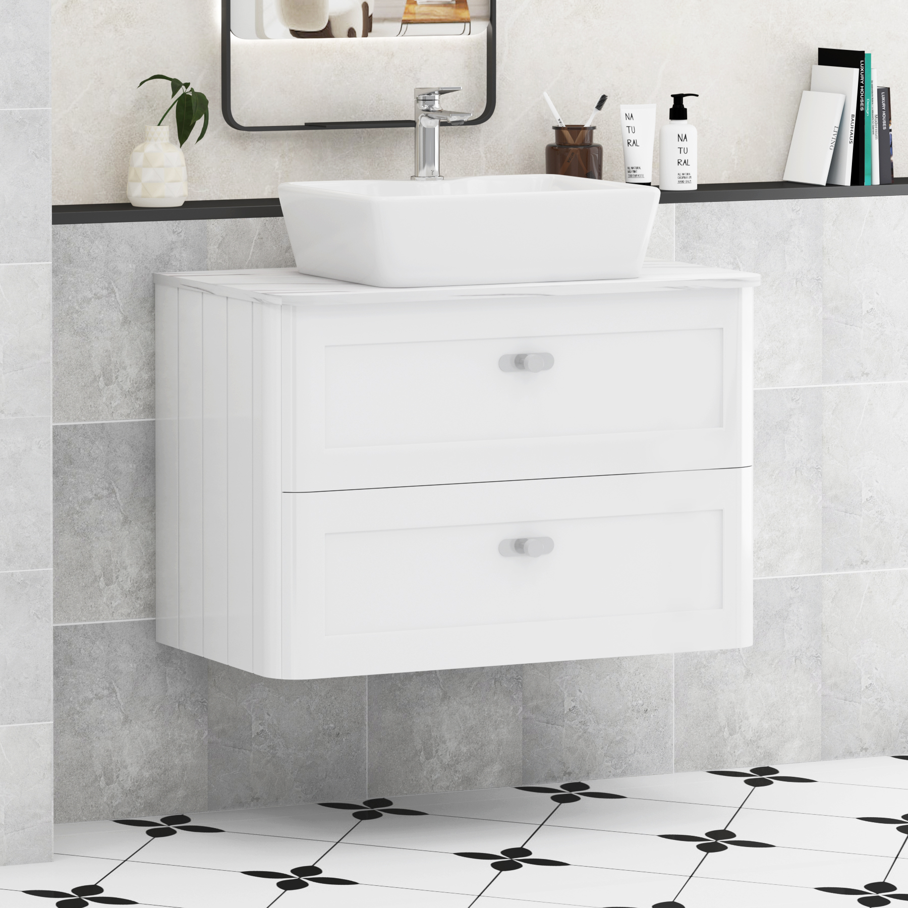 Henley 2 Drawer Wall Hung Vanity Unit – Multiple Sizes, Colours, Knobs, Worktop & Basins Options