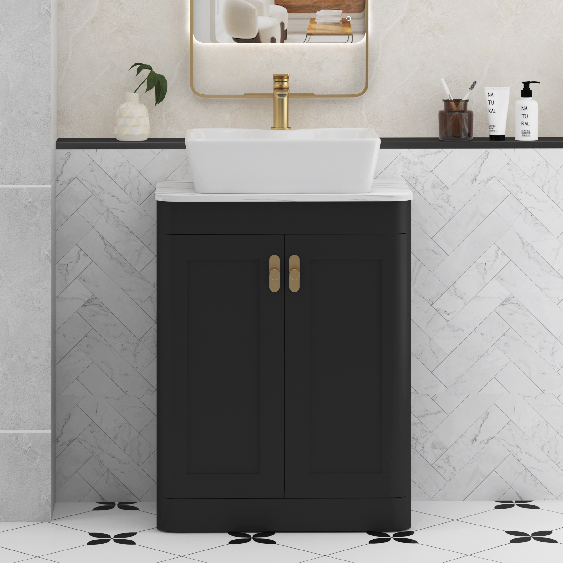 Henley Matt Nocturne Black Floor Standing Vanity Unit 2 Door with Carrara White Worktop & Various Basins & Knobs