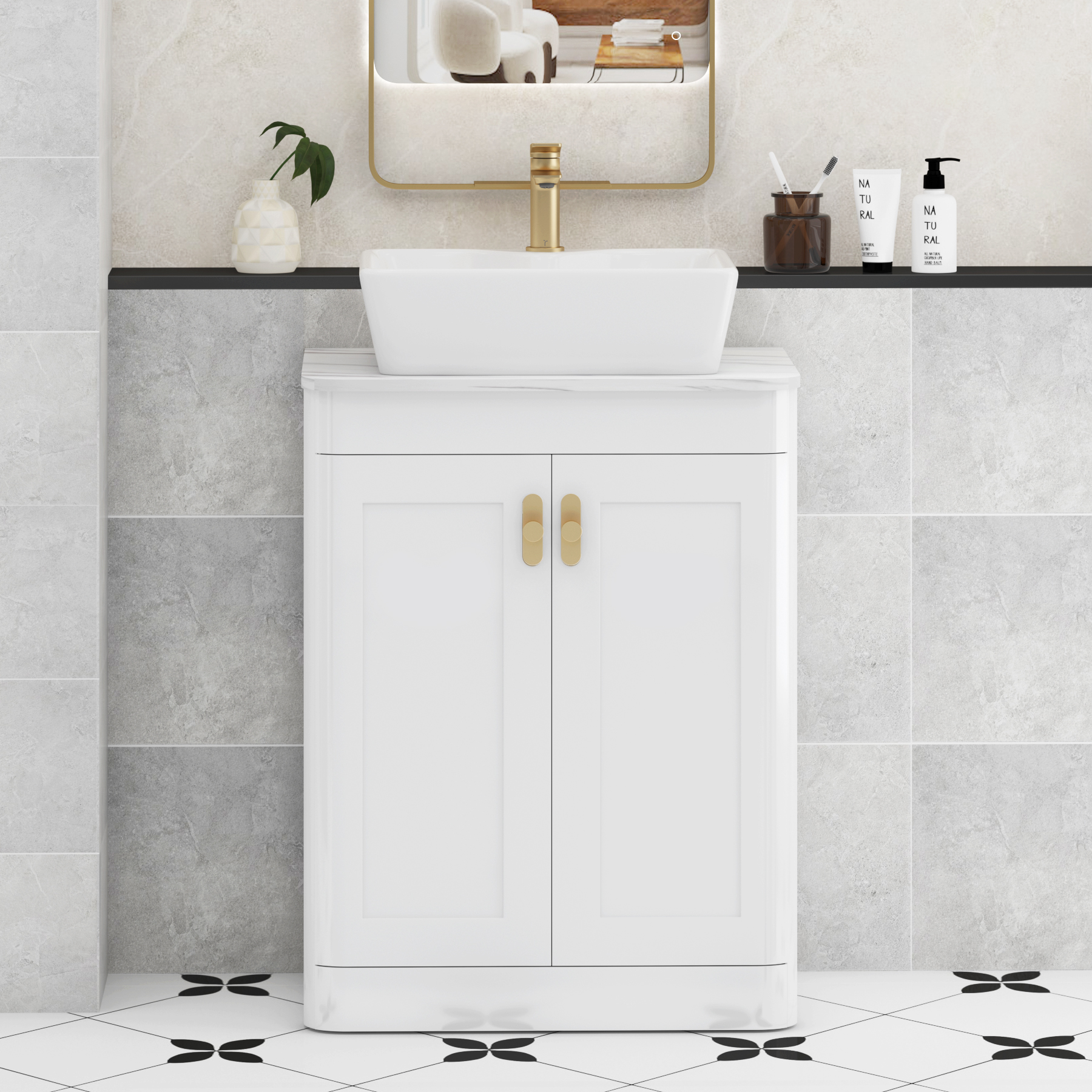 Henley Gloss White Floor Standing Vanity Unit 2 Door with Carrara White Worktop & Various Basins & Knobs
