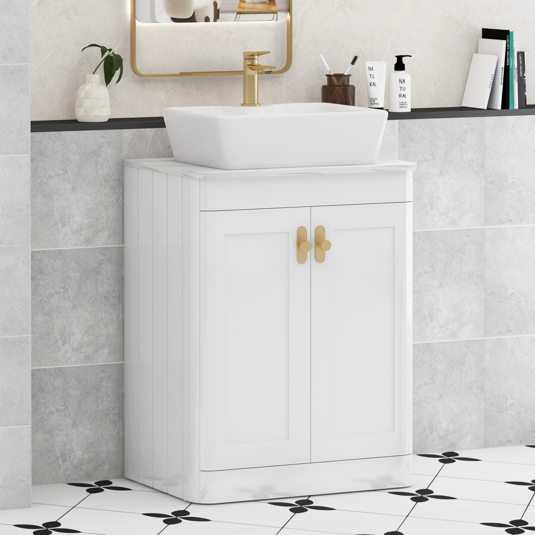 Henley Gloss White Floor Standing Vanity Unit 2 Door with Carrara White Worktop & Various Basins & Knobs