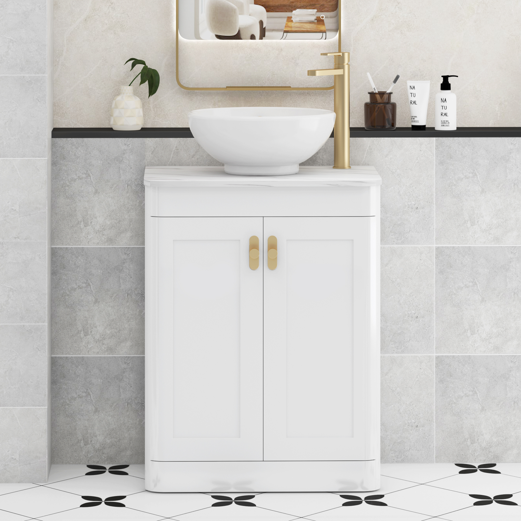 Henley Gloss White Floor Standing Vanity Unit 2 Door with Carrara White Worktop & Various Basins & Knobs