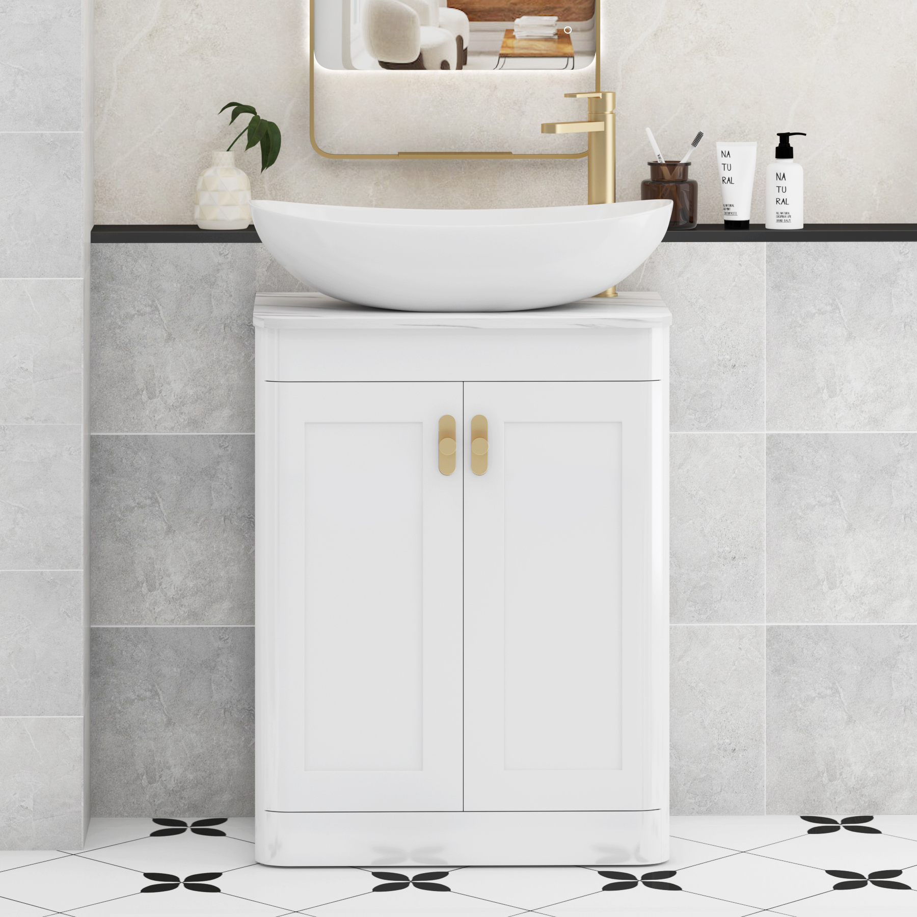 Henley Gloss White Floor Standing Vanity Unit 2 Door with Carrara White Worktop & Various Basins & Knobs