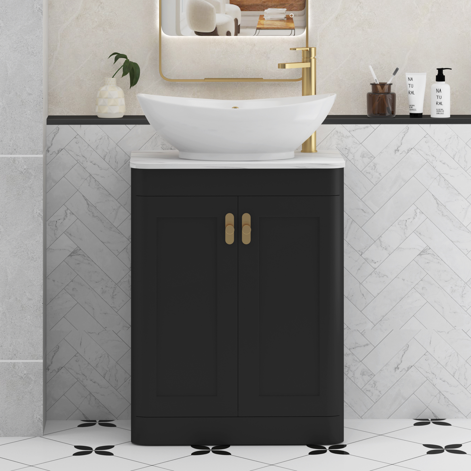 Henley Matt Nocturne Black Floor Standing Vanity Unit 2 Door with Carrara White Worktop & Various Basins & Knobs