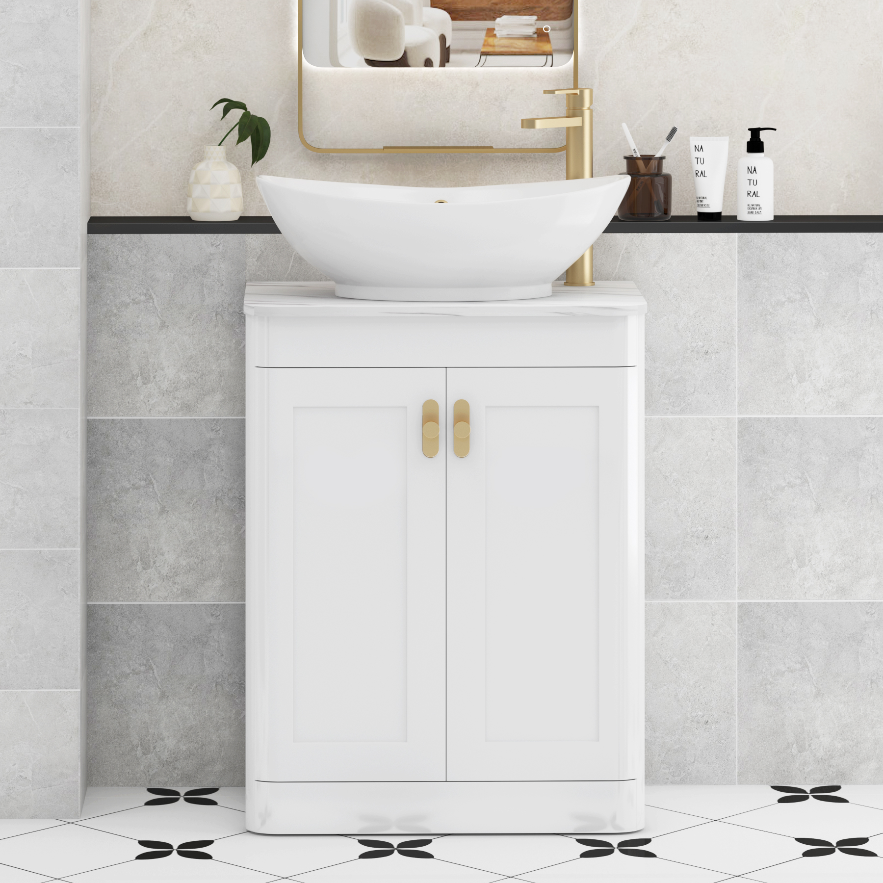Henley Gloss White Floor Standing Vanity Unit 2 Door with Carrara White Worktop & Various Basins & Knobs