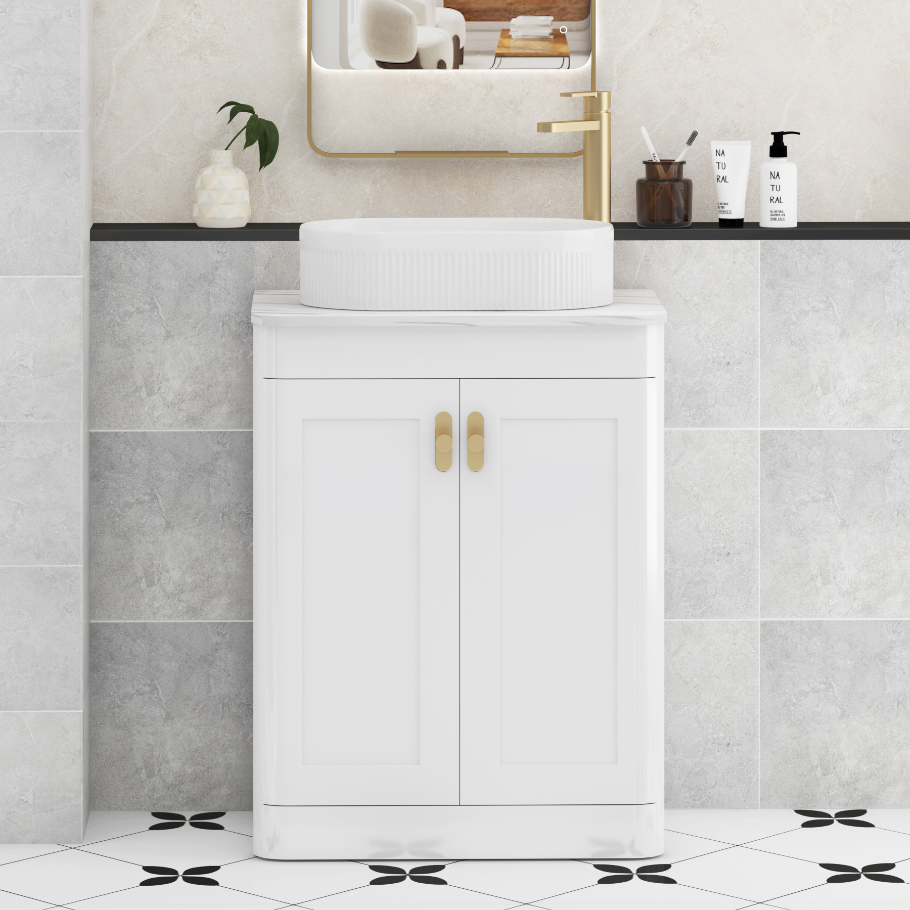 Henley Gloss White Floor Standing Vanity Unit 2 Door with Carrara White Worktop & Various Basins & Knobs