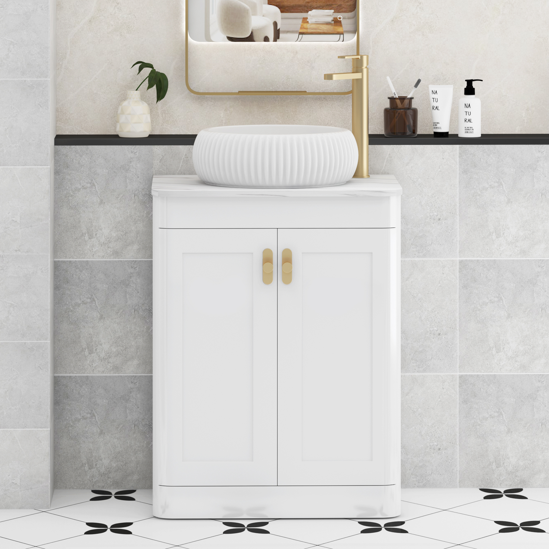 Henley Gloss White Floor Standing Vanity Unit 2 Door with Carrara White Worktop & Various Basins & Knobs