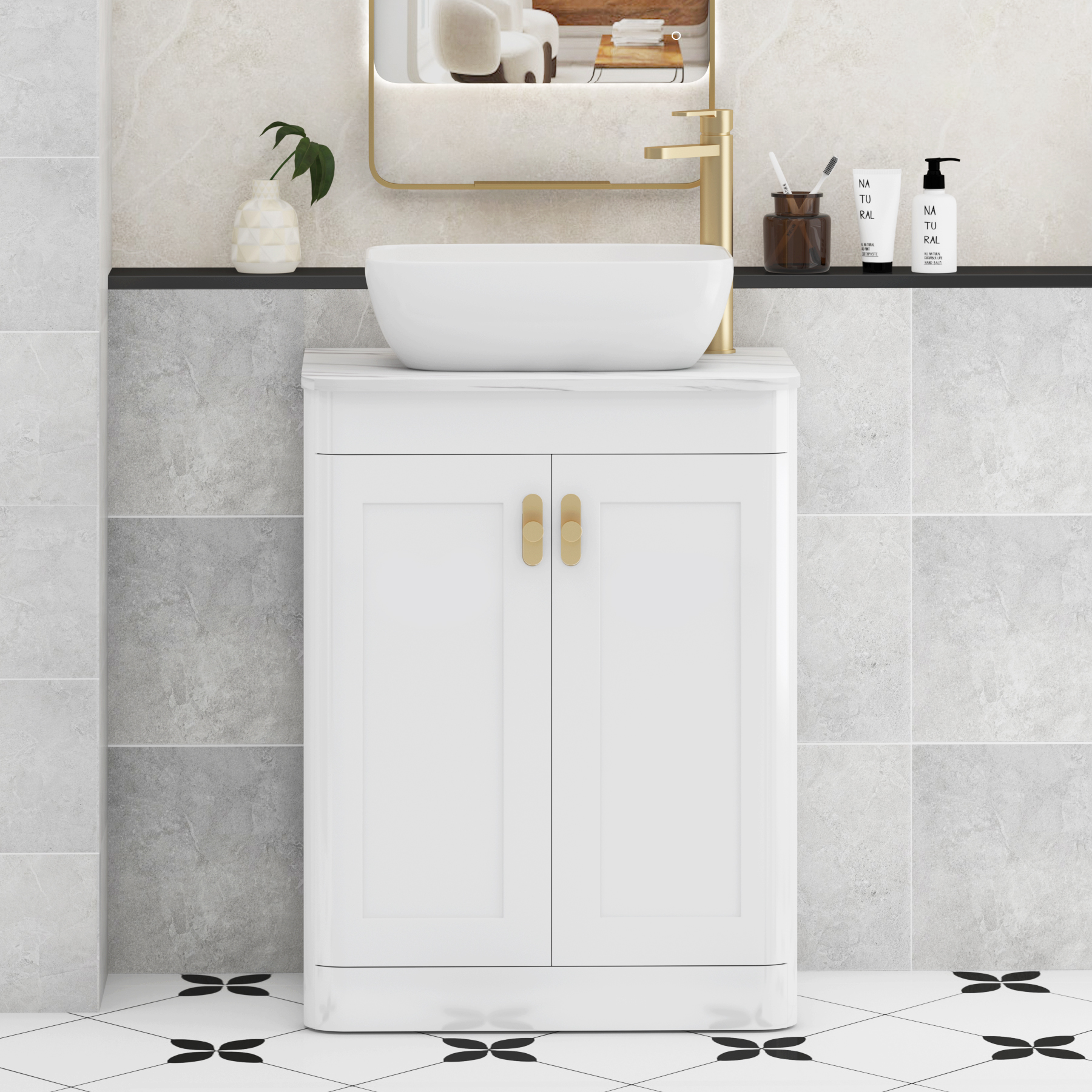 Henley Gloss White Floor Standing Vanity Unit 2 Door with Carrara White Worktop & Various Basins & Knobs