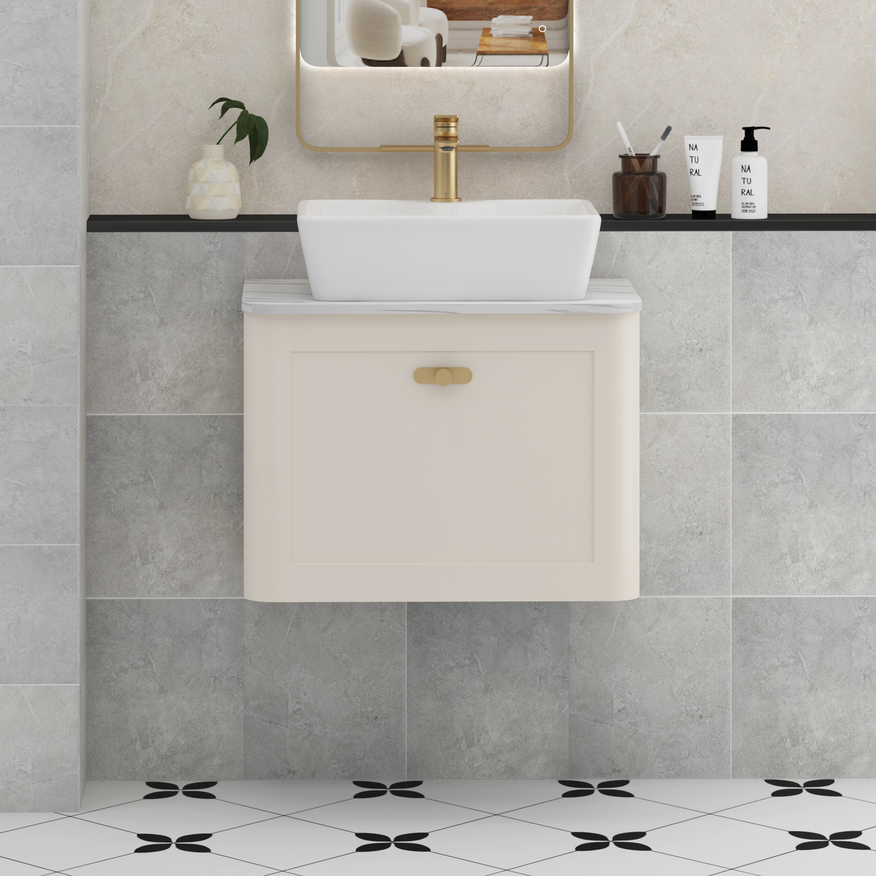 Henley Mushroom Cashmere Wall Hung Vanity Unit 1 Drawer with Carrara White Worktop & Various Basins & Knobs