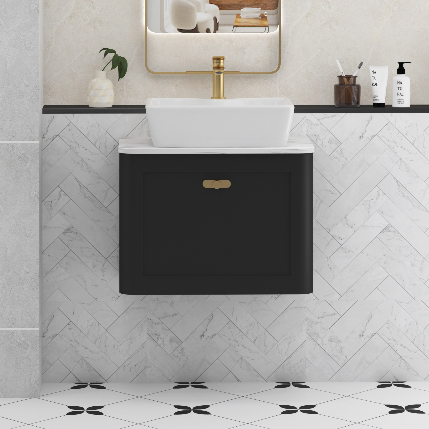 Henley Matt Nocturne Black Wall Hung Vanity Unit 1 Drawer with Carrara White Worktop & Various Basins & Knobs