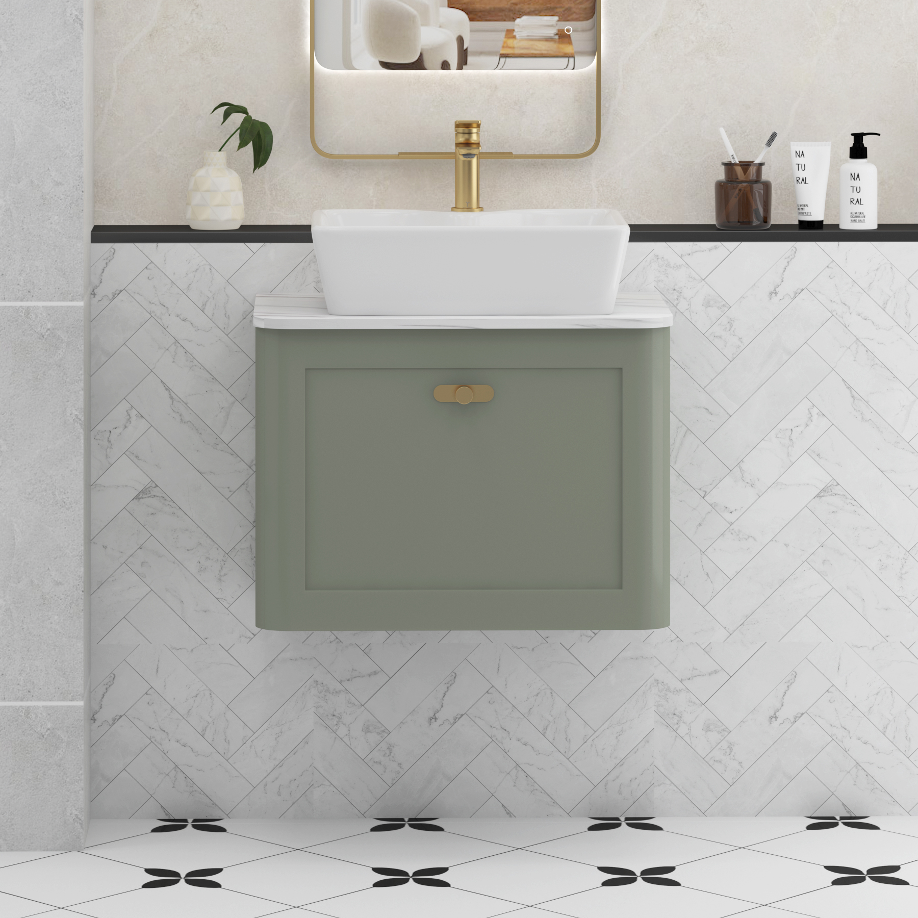 Henley Sage Green Wall Hung Vanity Unit 1 Drawer with Carrara White Worktop & Various Basins & Knobs
