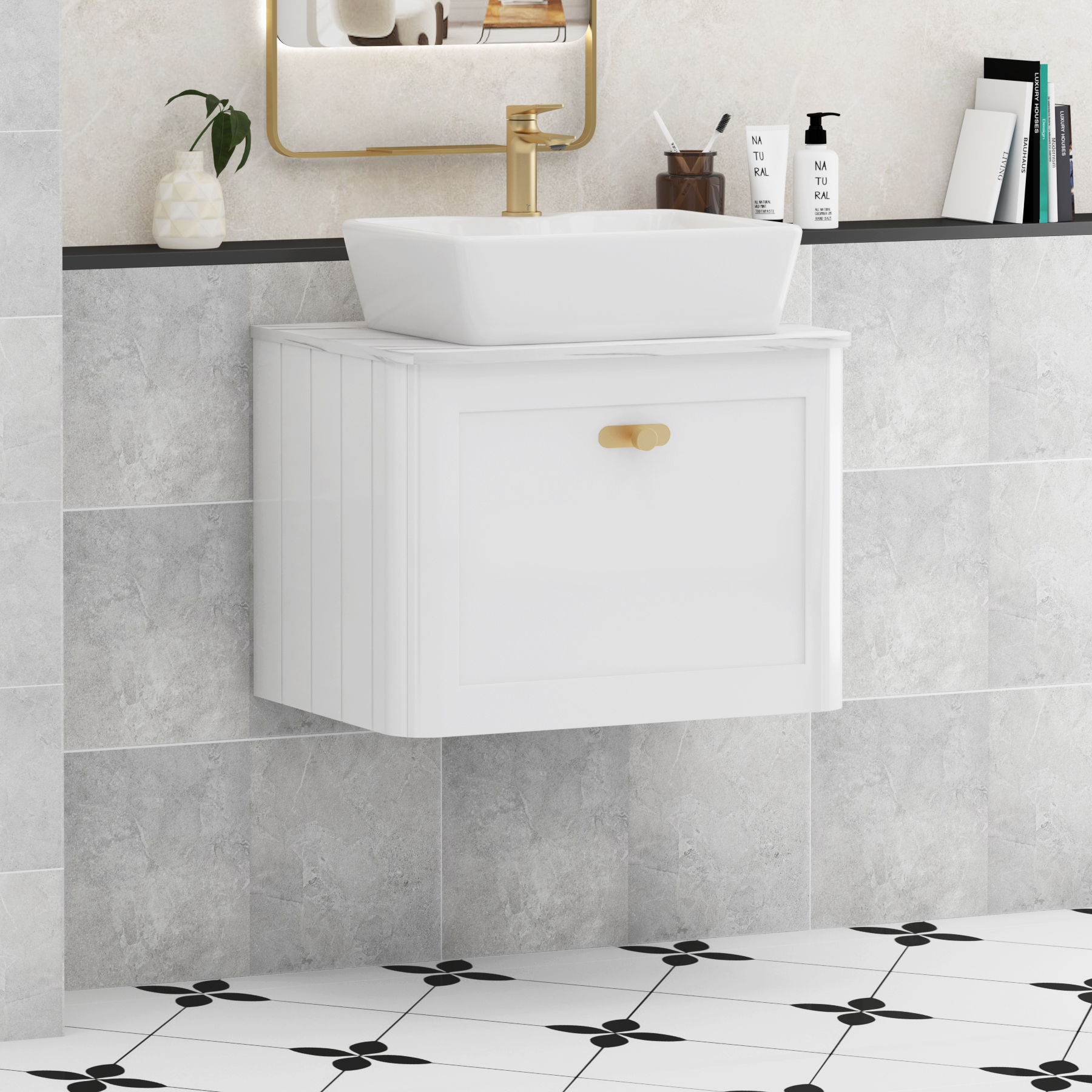 Henley Gloss White Wall Hung Vanity Unit 1 Drawer with Carrara White Worktop & Various Basins & Knobs