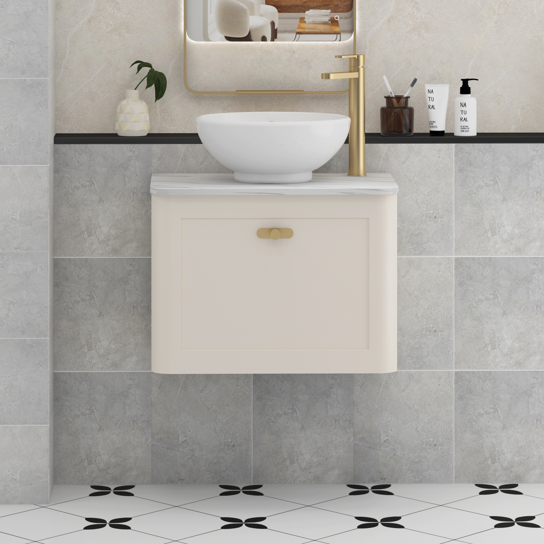 Henley Mushroom Cashmere Wall Hung Vanity Unit 1 Drawer with Carrara White Worktop & Various Basins & Knobs