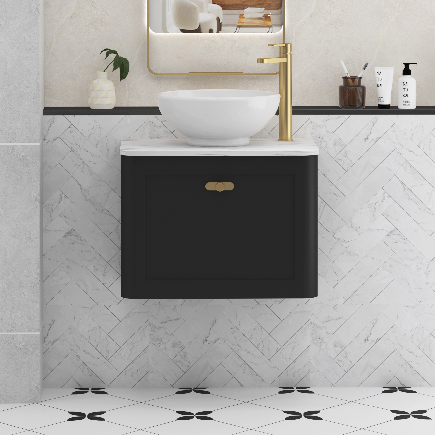 Henley Matt Nocturne Black Wall Hung Vanity Unit 1 Drawer with Carrara White Worktop & Various Basins & Knobs