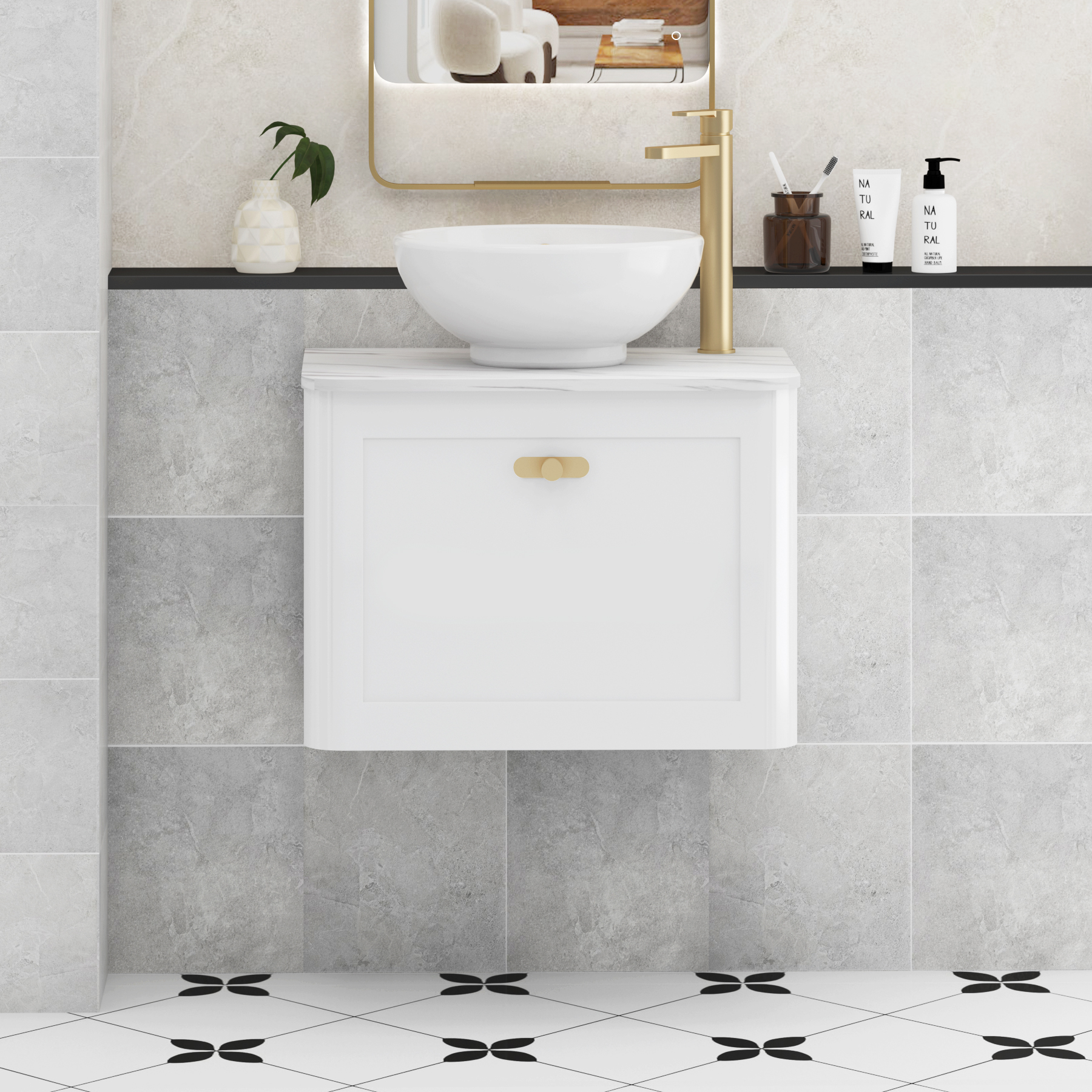 Henley Gloss White Wall Hung Vanity Unit 1 Drawer with Carrara White Worktop & Various Basins & Knobs