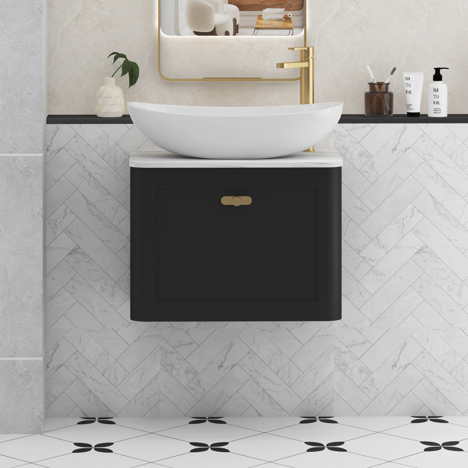Henley Matt Nocturne Black Wall Hung Vanity Unit 1 Drawer with Carrara White Worktop & Various Basins & Knobs
