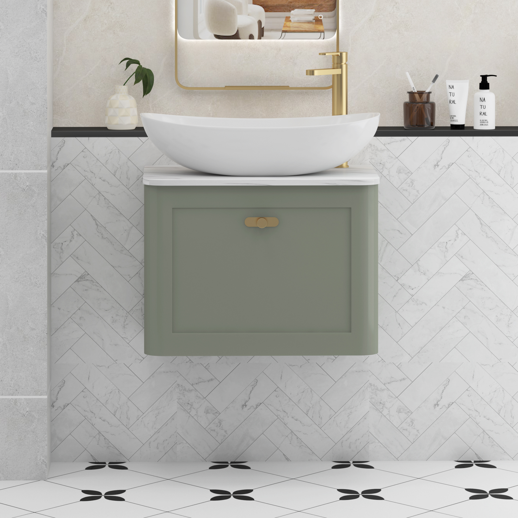 Henley Sage Green Wall Hung Vanity Unit 1 Drawer with Carrara White Worktop & Various Basins & Knobs
