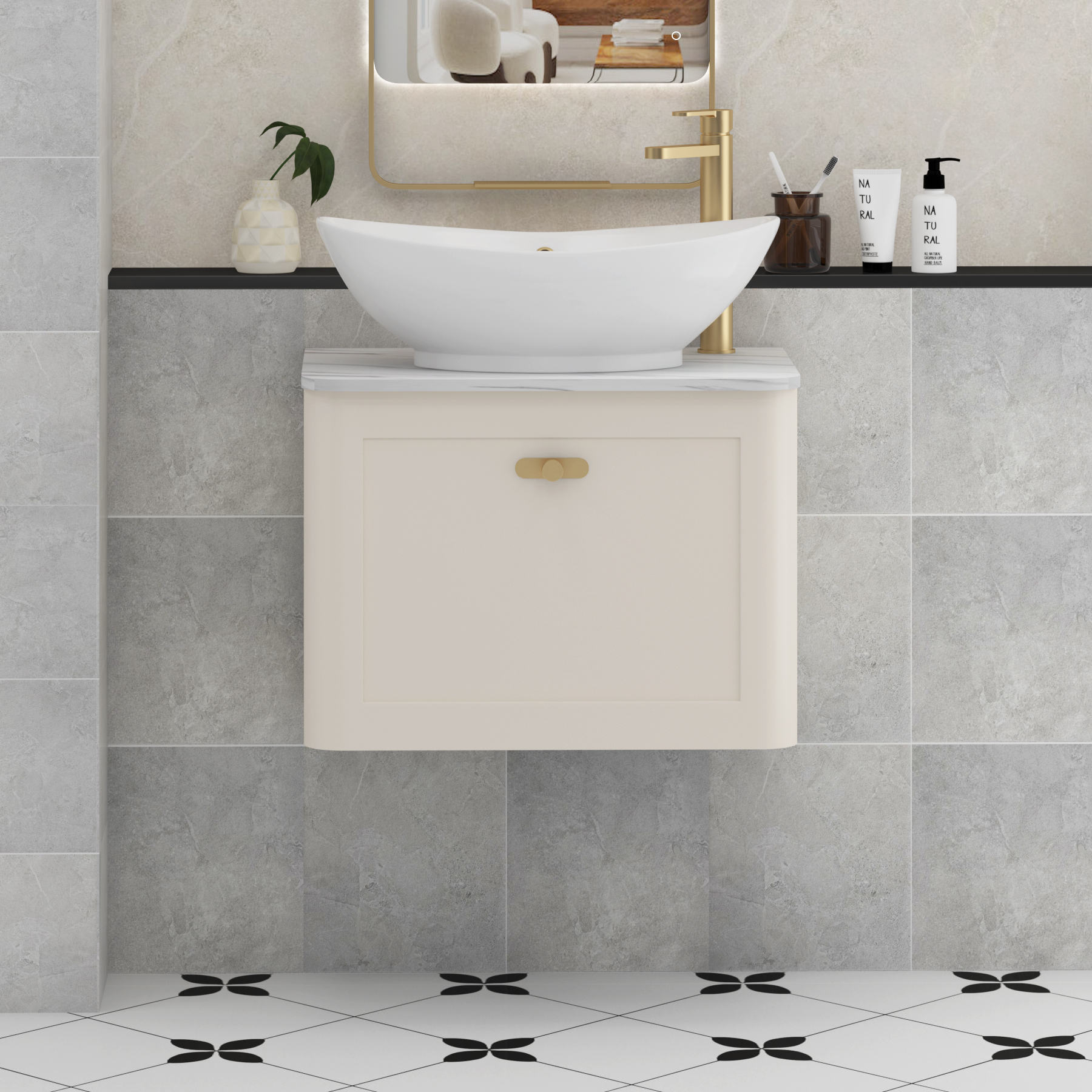 Henley Mushroom Cashmere Wall Hung Vanity Unit 1 Drawer with Carrara White Worktop & Various Basins & Knobs