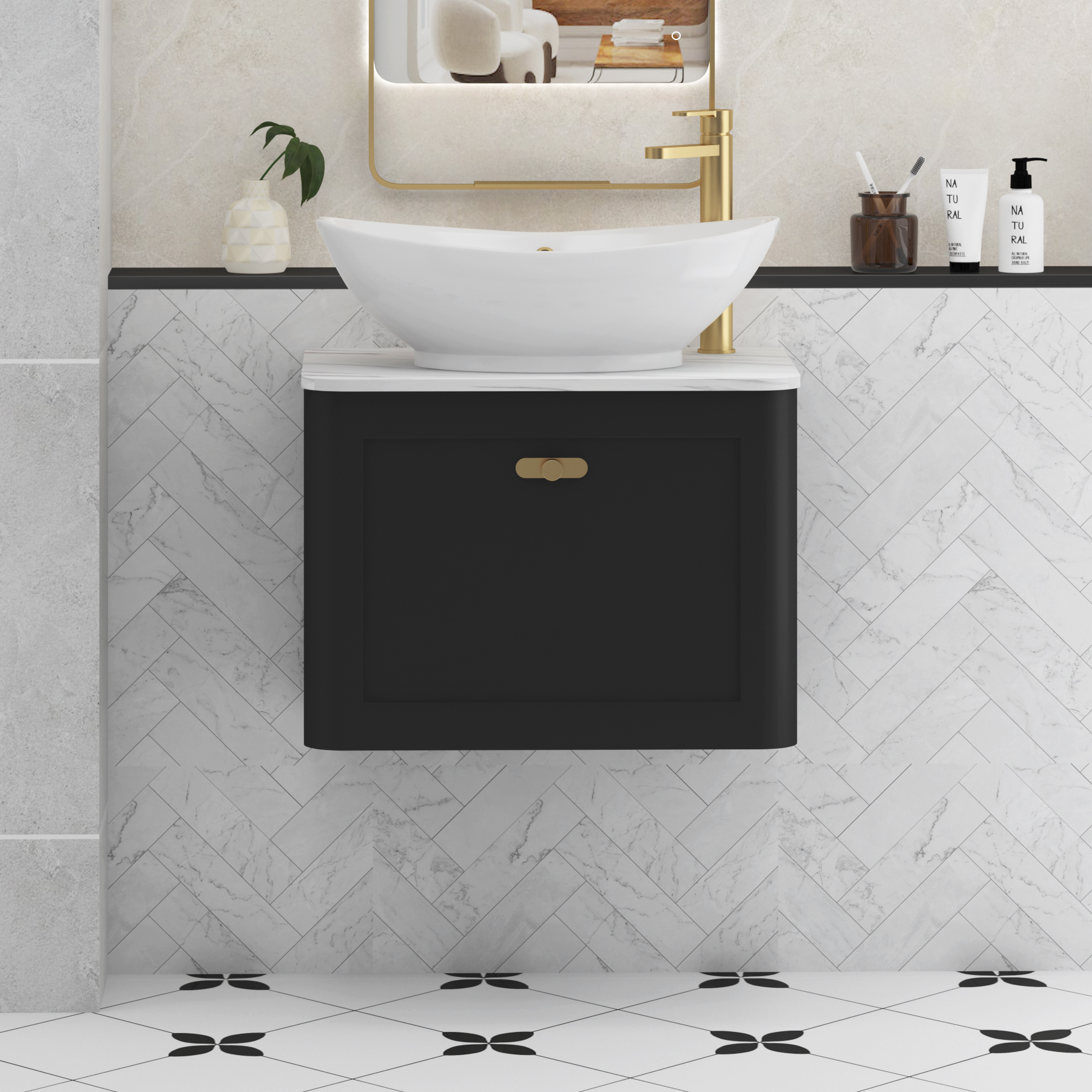 Henley Matt Nocturne Black Wall Hung Vanity Unit 1 Drawer with Carrara White Worktop & Various Basins & Knobs