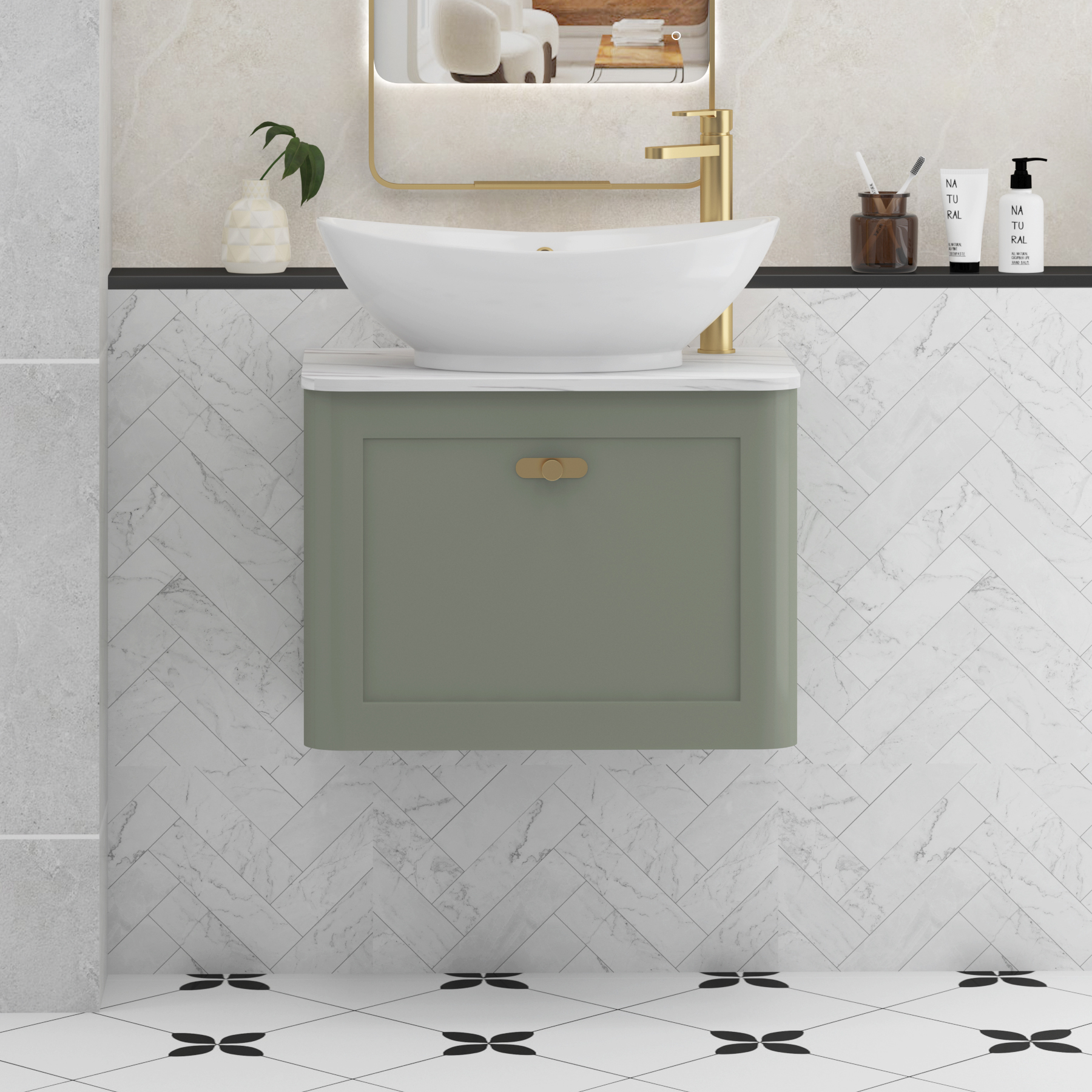 Henley Sage Green Wall Hung Vanity Unit 1 Drawer with Carrara White Worktop & Various Basins & Knobs