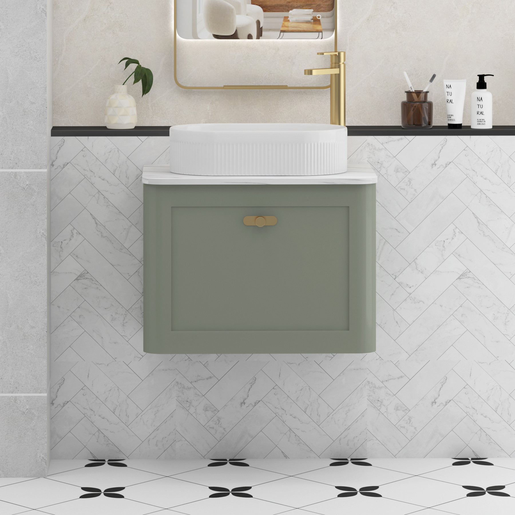 Henley Sage Green Wall Hung Vanity Unit 1 Drawer with Carrara White Worktop & Various Basins & Knobs
