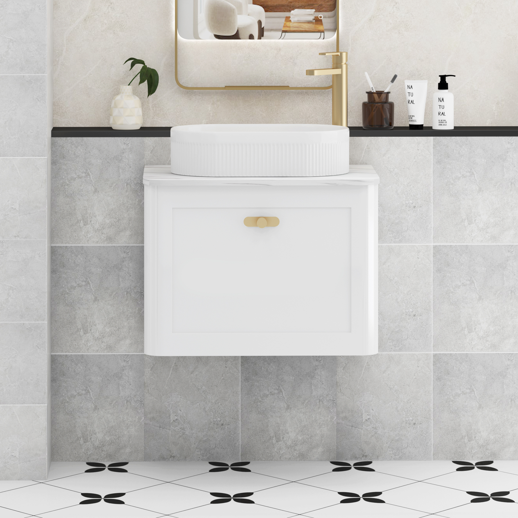 Henley Gloss White Wall Hung Vanity Unit 1 Drawer with Carrara White Worktop & Various Basins & Knobs