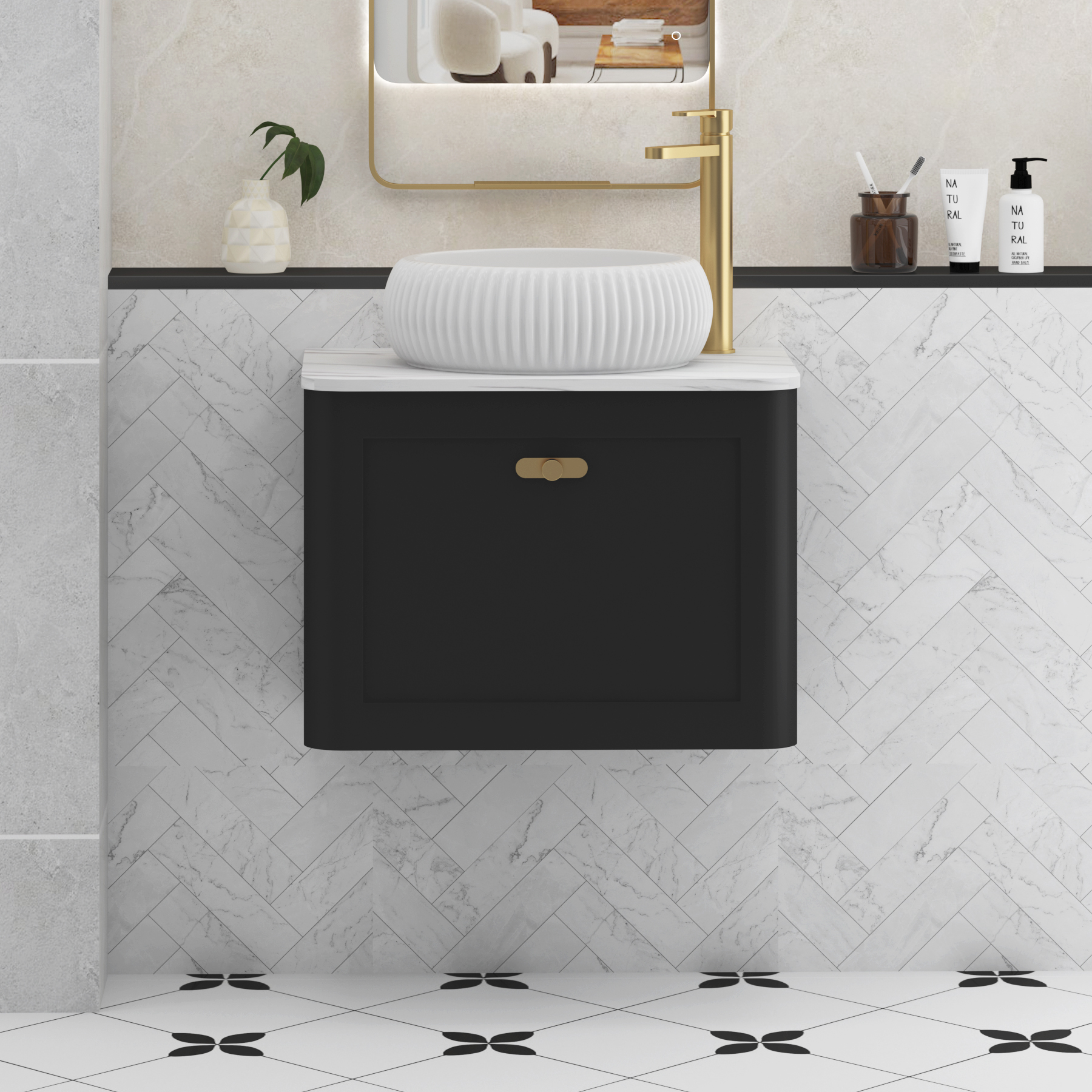 Henley Matt Nocturne Black Wall Hung Vanity Unit 1 Drawer with Carrara White Worktop & Various Basins & Knobs
