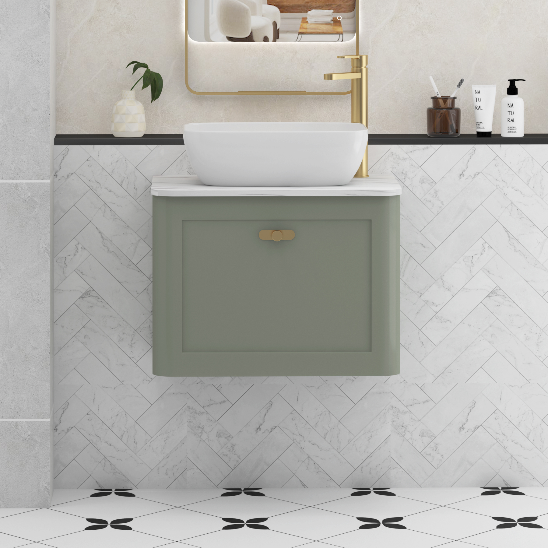 Henley Sage Green Wall Hung Vanity Unit 1 Drawer with Carrara White Worktop & Various Basins & Knobs