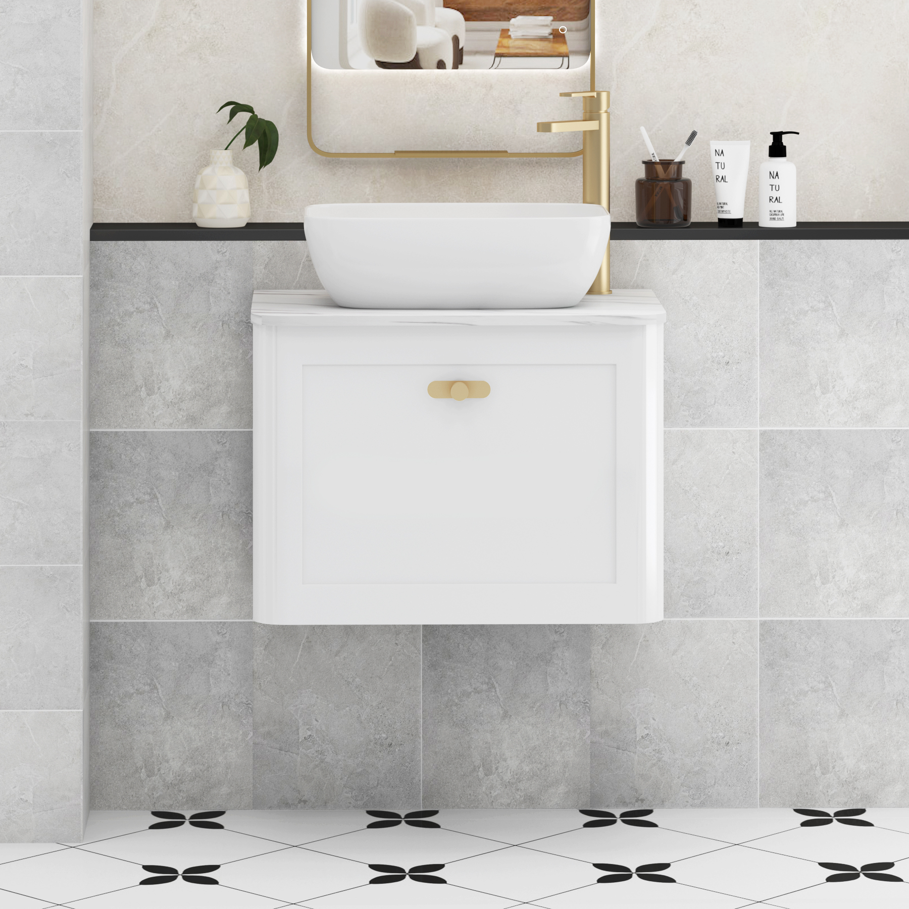 Henley Gloss White Wall Hung Vanity Unit 1 Drawer with Carrara White Worktop & Various Basins & Knobs