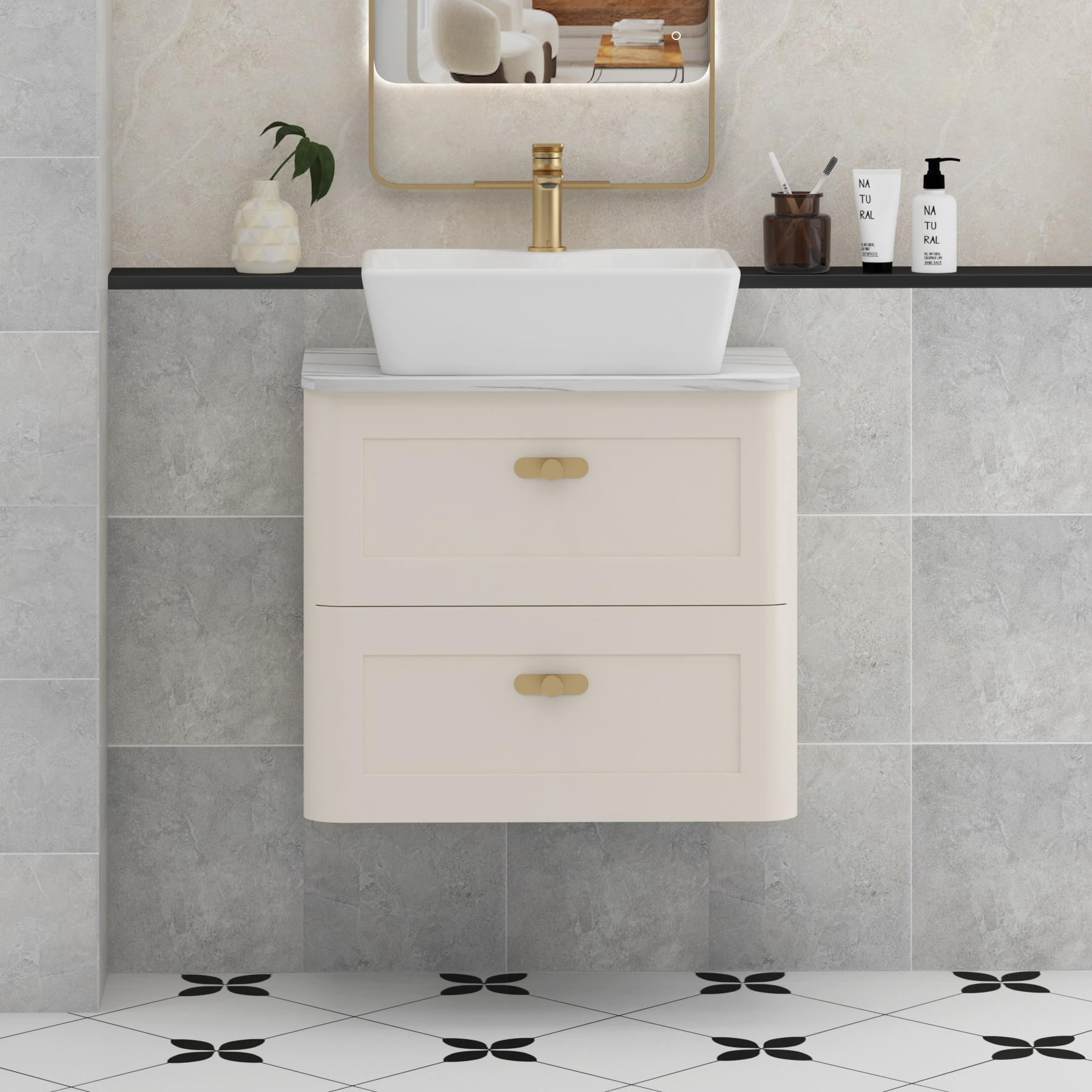 Henley Mushroom Cashmere Wall Hung Vanity Unit 2 Drawer with Carrara White Worktop & Various Basins & Knobs