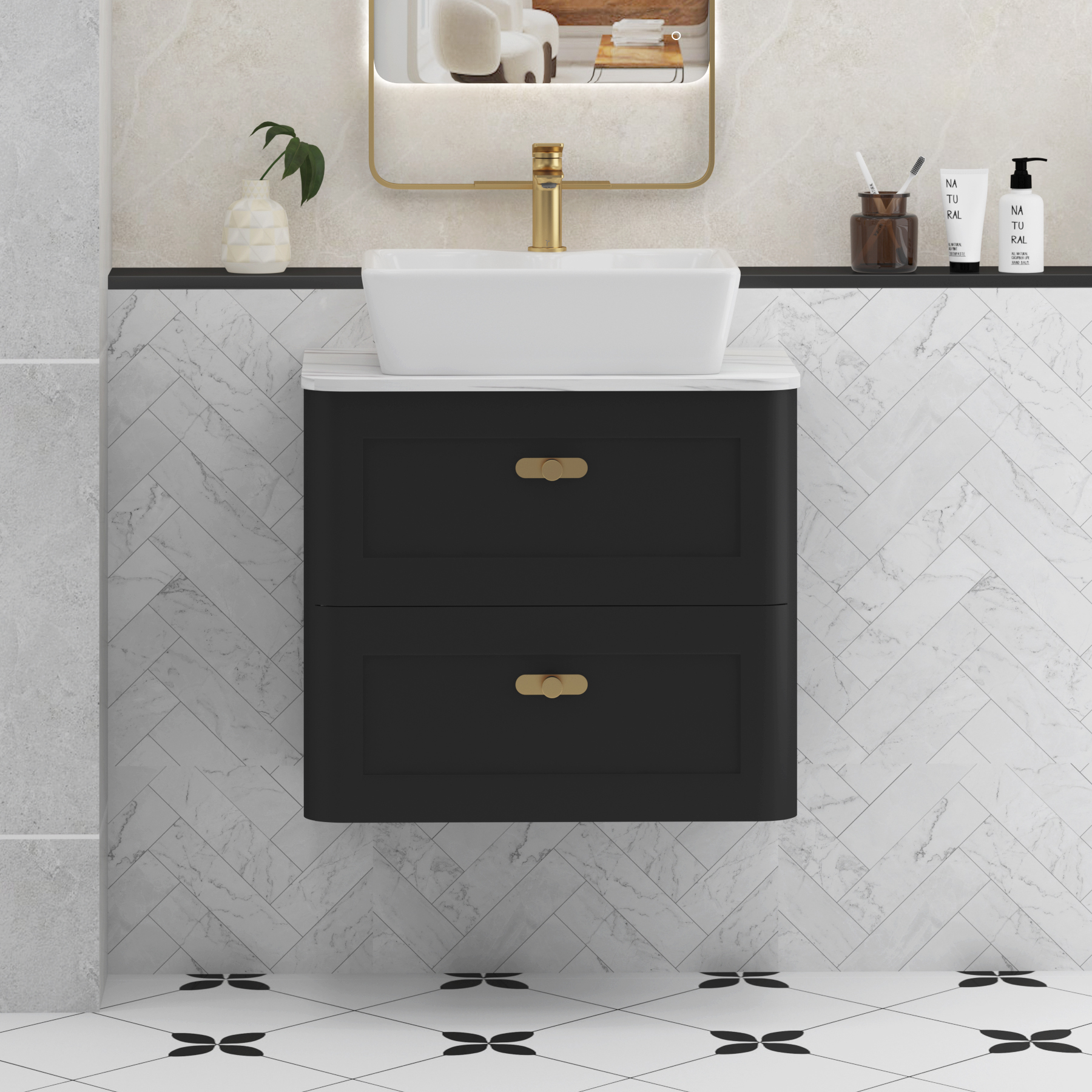 Henley Matt Nocturne Black Wall Hung Vanity Unit 2 Drawer with Carrara White Worktop & Various Basins & Knobs