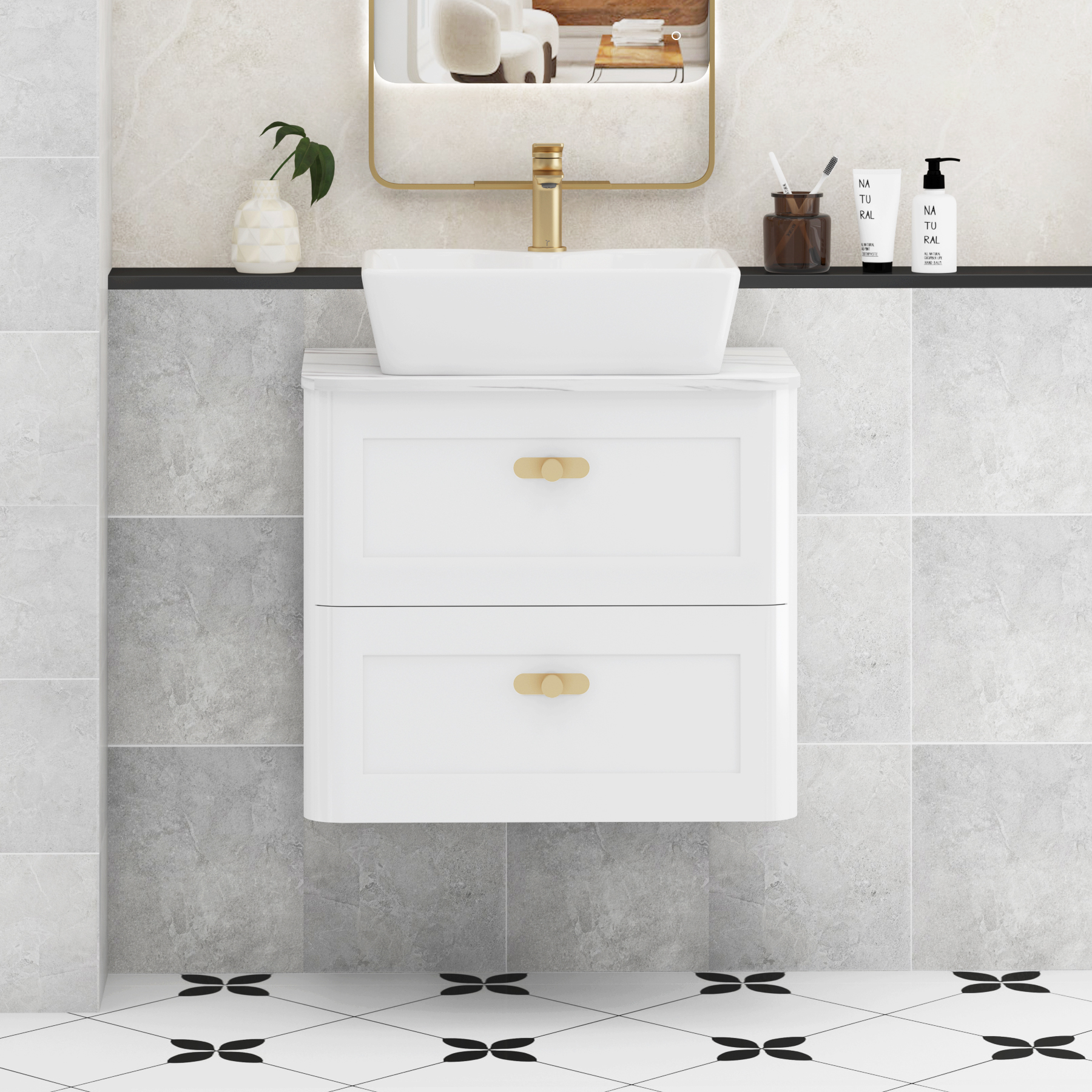 Henley Gloss White Wall Hung Vanity Unit 2 Drawer with Carrara White Worktop & Various Basins & Knobs