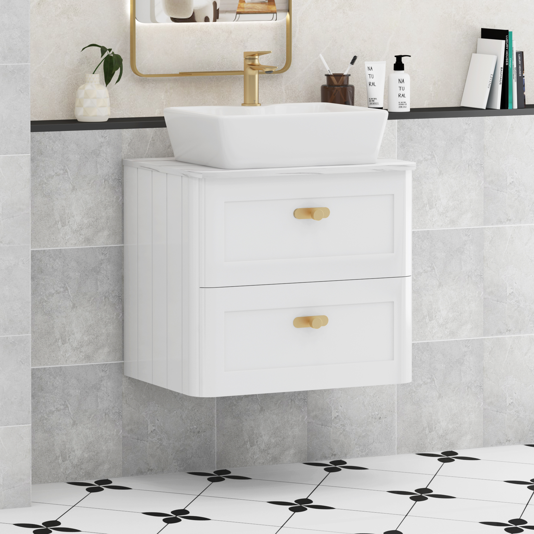 Henley Gloss White Wall Hung Vanity Unit 2 Drawer with Carrara White Worktop & Various Basins & Knobs