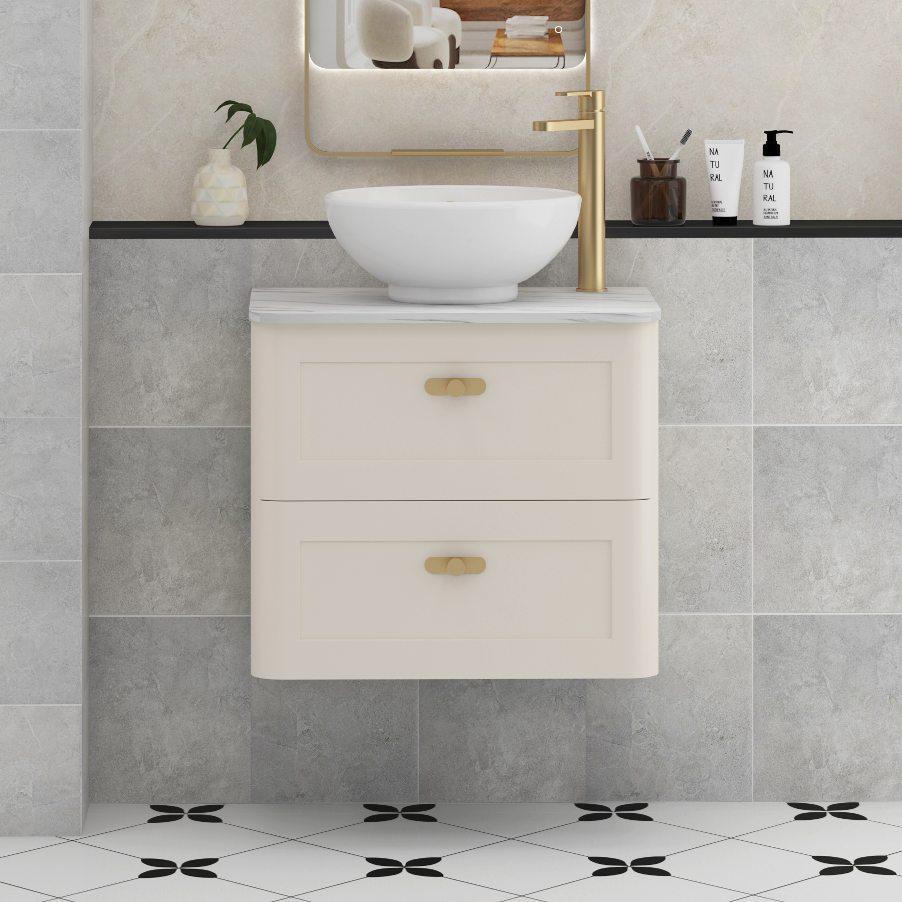 Henley Mushroom Cashmere Wall Hung Vanity Unit 2 Drawer with Carrara White Worktop & Various Basins & Knobs