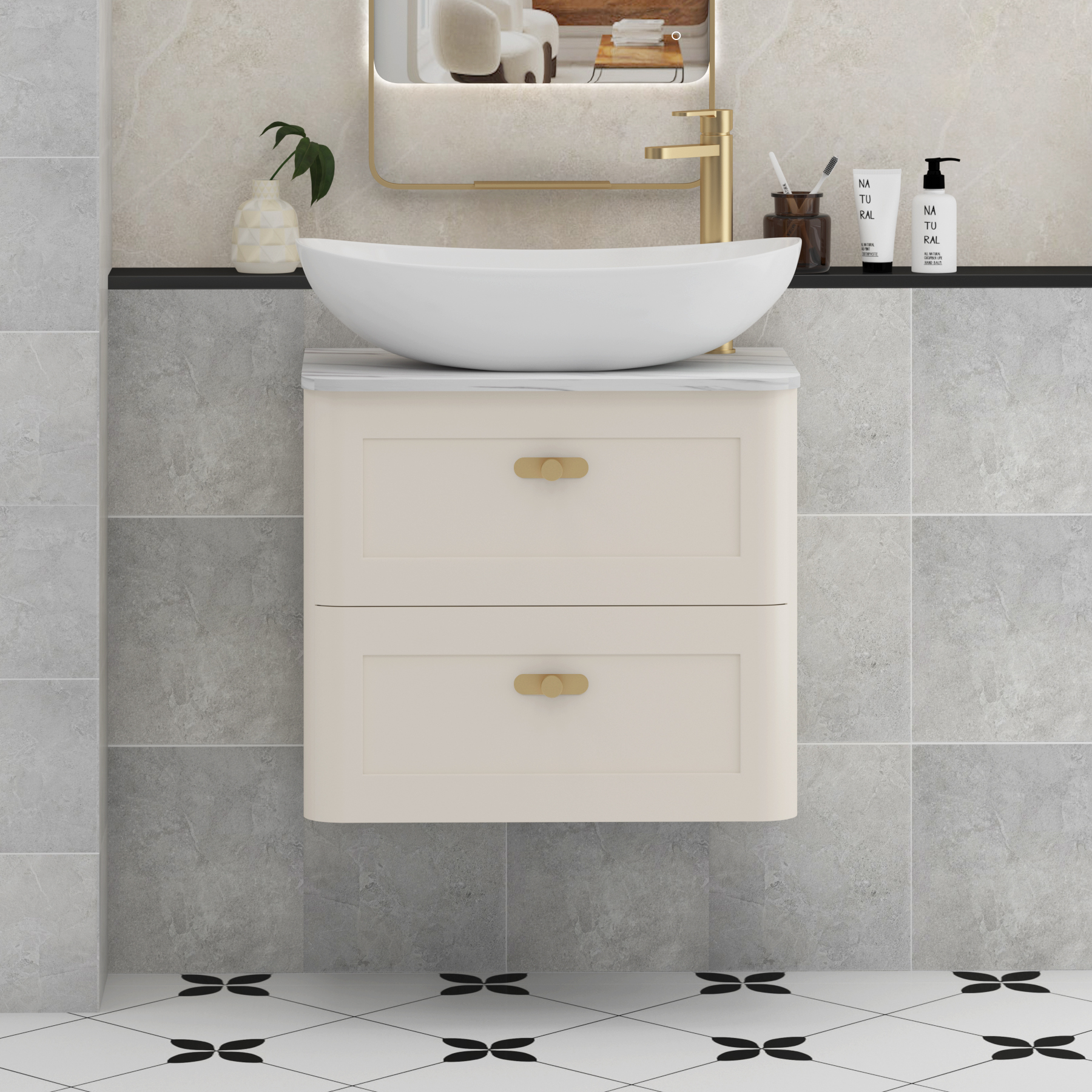 Henley Mushroom Cashmere Wall Hung Vanity Unit 2 Drawer with Carrara White Worktop & Various Basins & Knobs