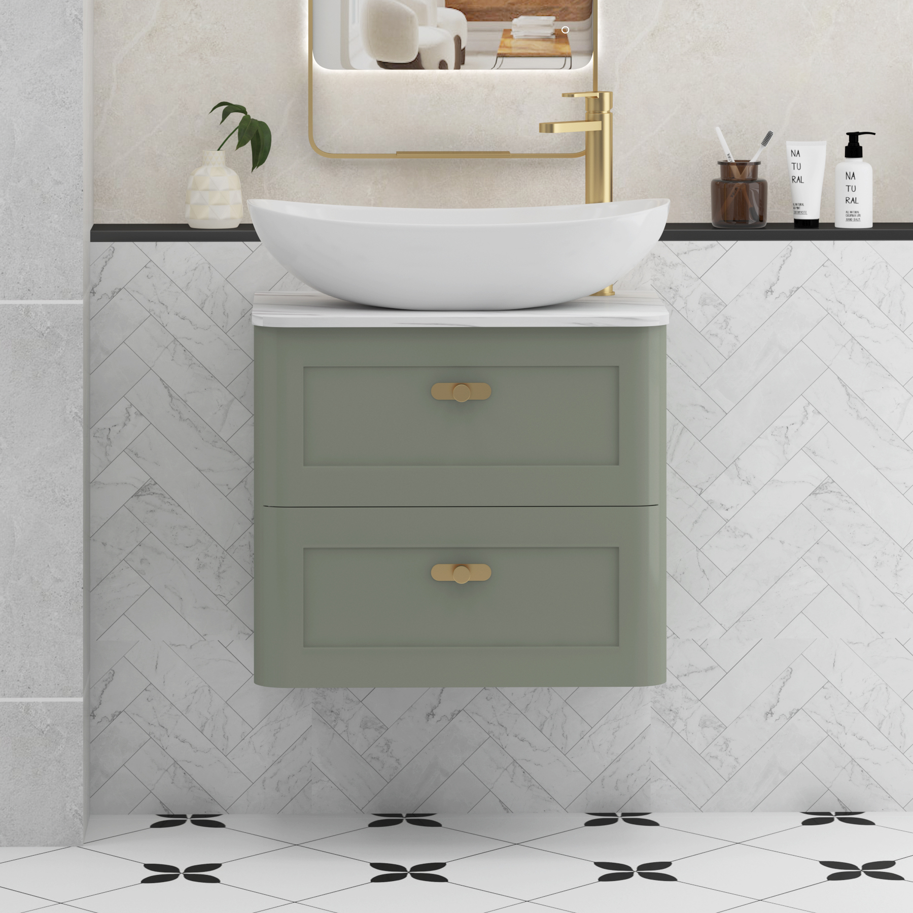 Henley Sage Green Wall Hung Vanity Unit 2 Drawer with Carrara White Worktop & Various Basins & Knobs