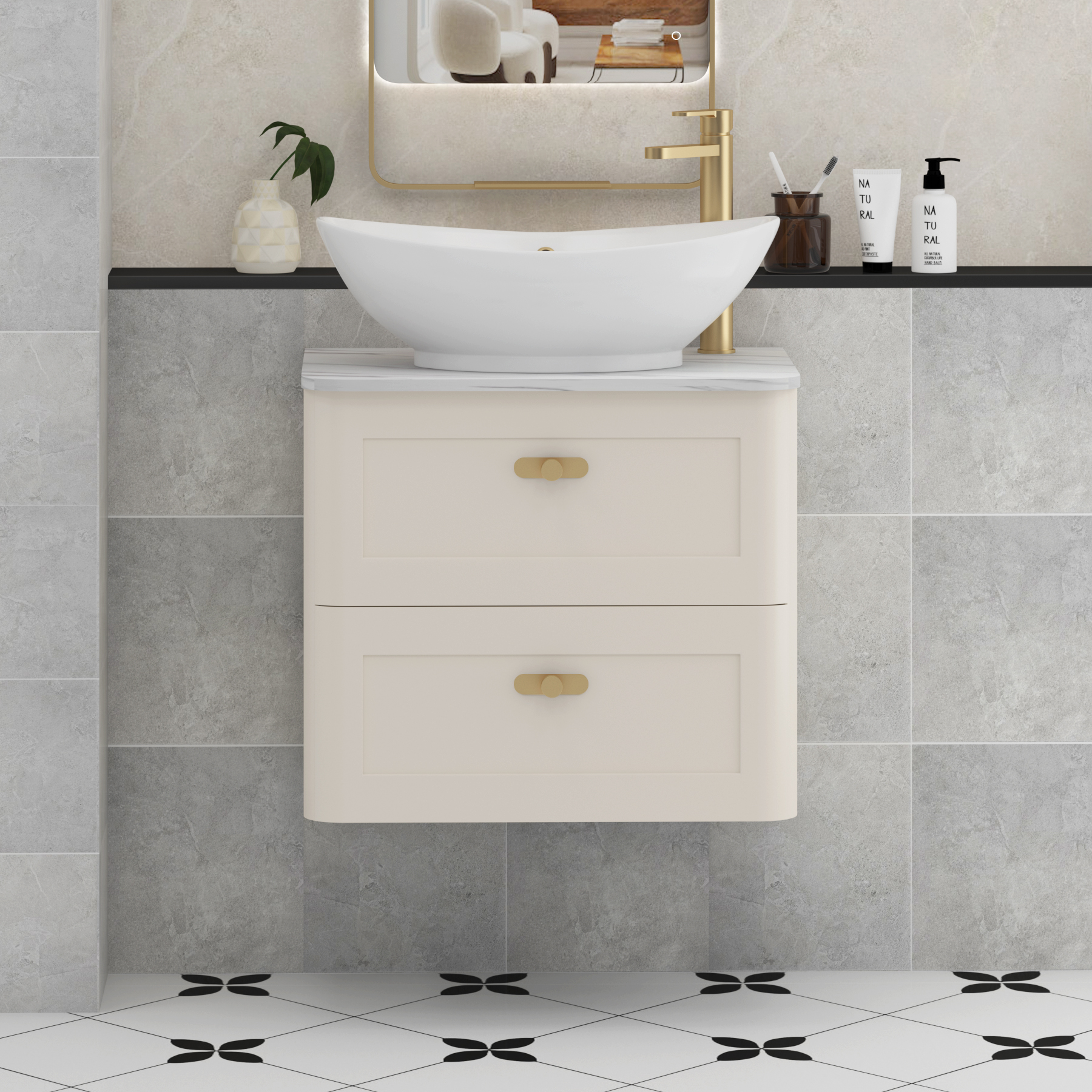 Henley Mushroom Cashmere Wall Hung Vanity Unit 2 Drawer with Carrara White Worktop & Various Basins & Knobs