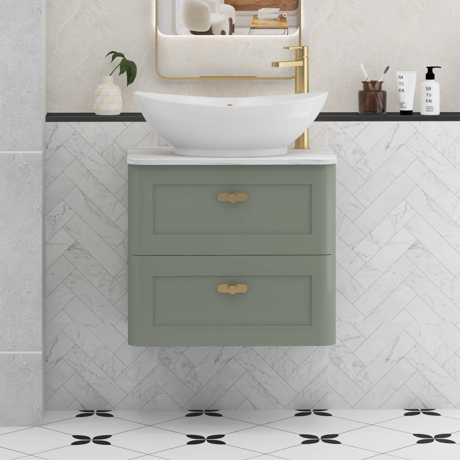 Henley Sage Green Wall Hung Vanity Unit 2 Drawer with Carrara White Worktop & Various Basins & Knobs