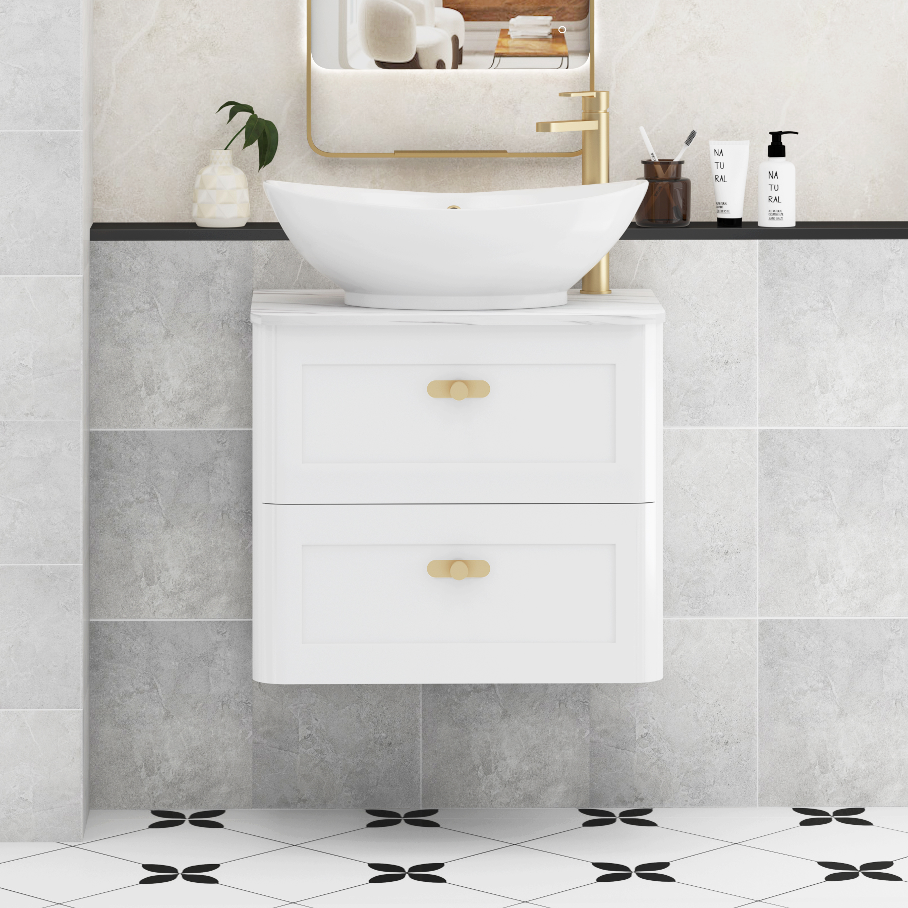 Henley Gloss White Wall Hung Vanity Unit 2 Drawer with Carrara White Worktop & Various Basins & Knobs