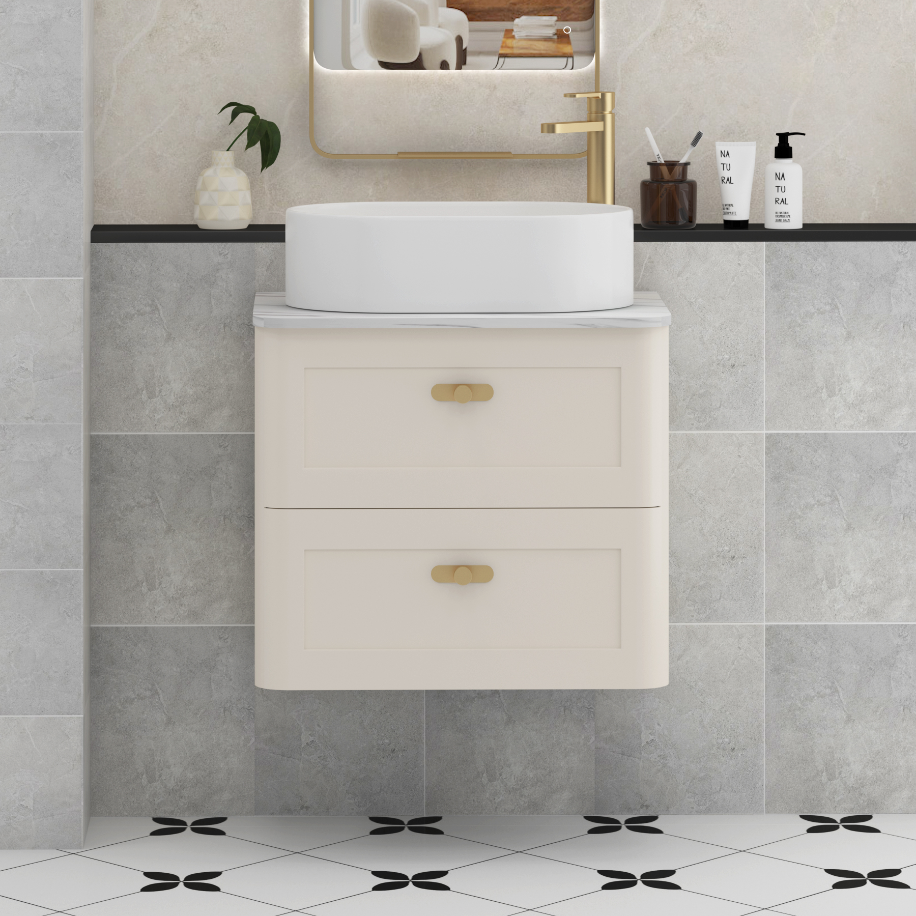 Henley Mushroom Cashmere Wall Hung Vanity Unit 2 Drawer with Carrara White Worktop & Various Basins & Knobs