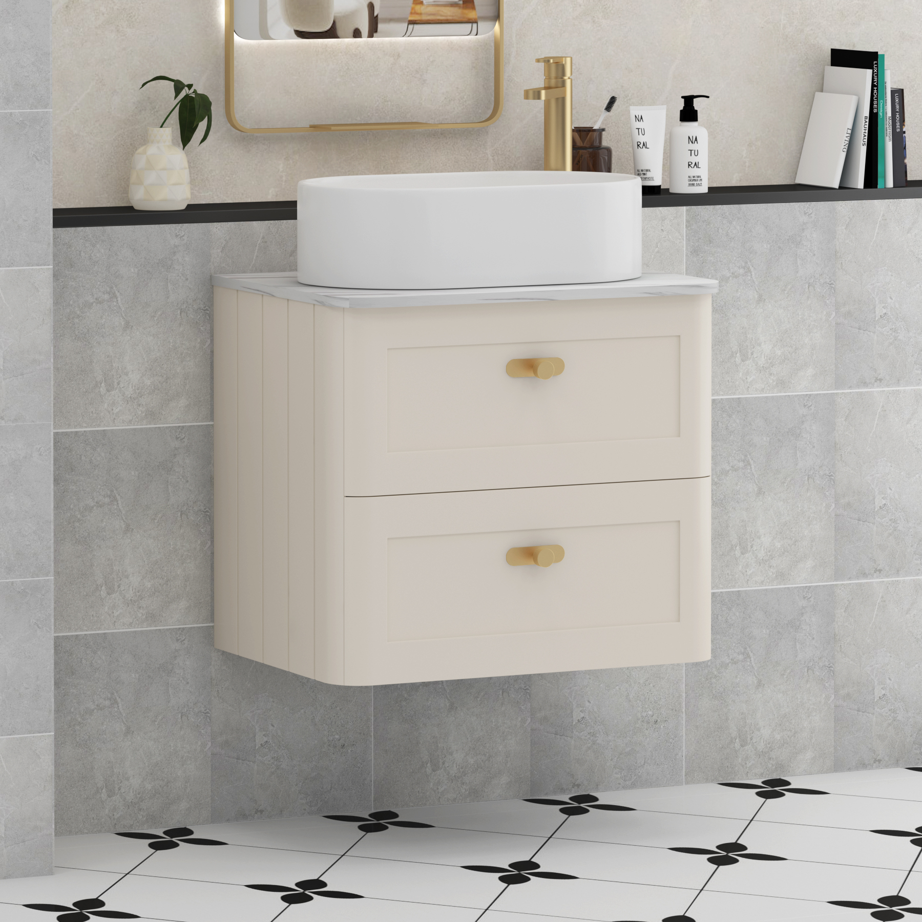 Henley 2 Drawer Wall Hung Vanity Unit – Multiple Sizes, Colours, Knobs, Worktop & Basins Options