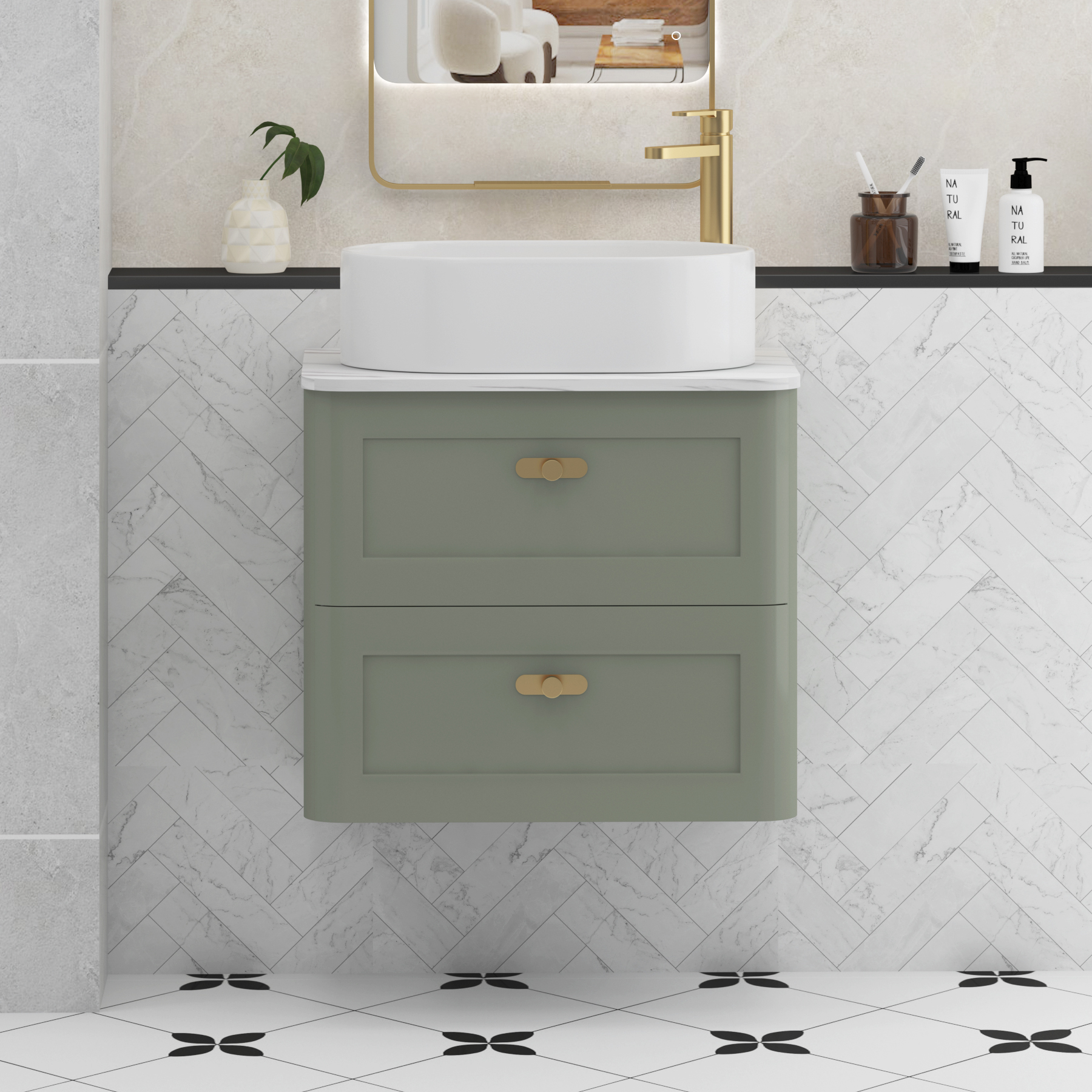 Henley Sage Green Wall Hung Vanity Unit 2 Drawer with Carrara White Worktop & Various Basins & Knobs