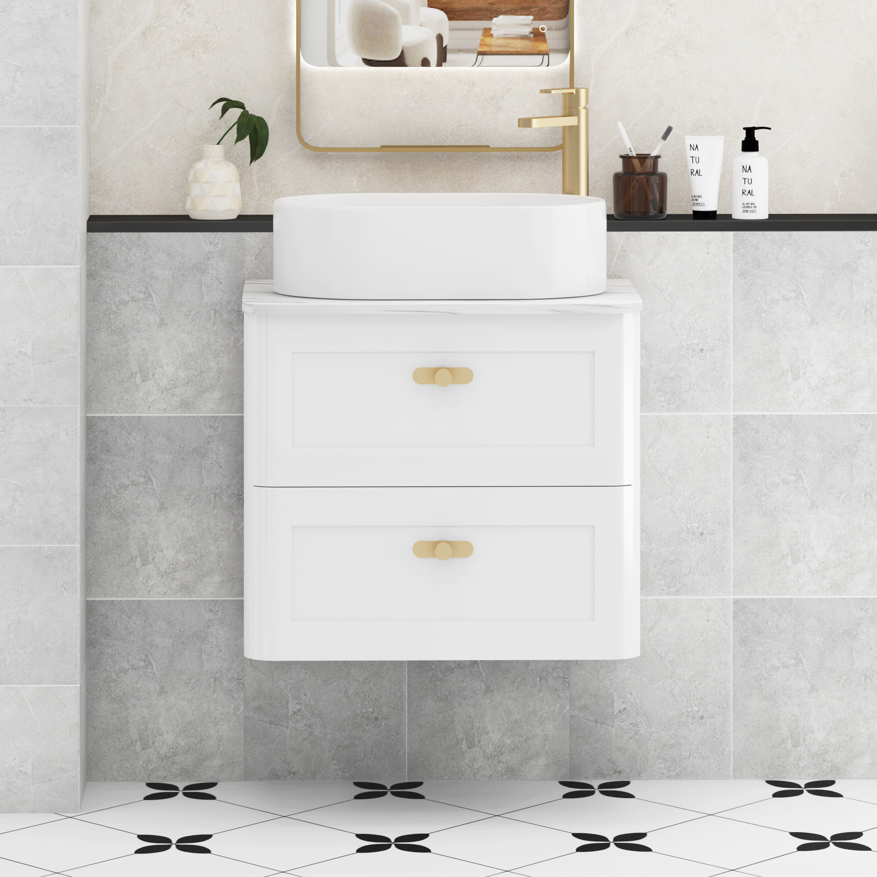 Henley Gloss White Wall Hung Vanity Unit 2 Drawer with Carrara White Worktop & Various Basins & Knobs