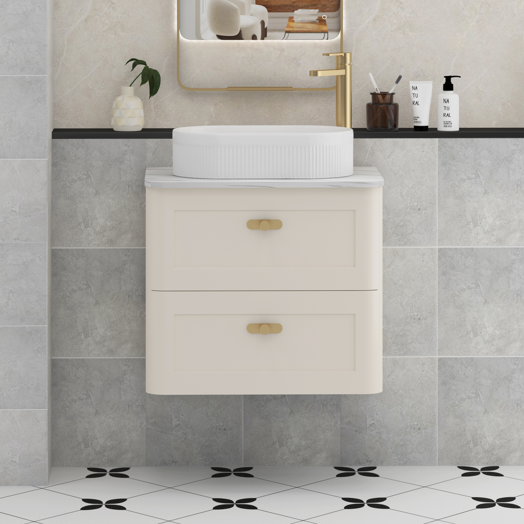 Henley Mushroom Cashmere Wall Hung Vanity Unit 2 Drawer with Carrara White Worktop & Various Basins & Knobs