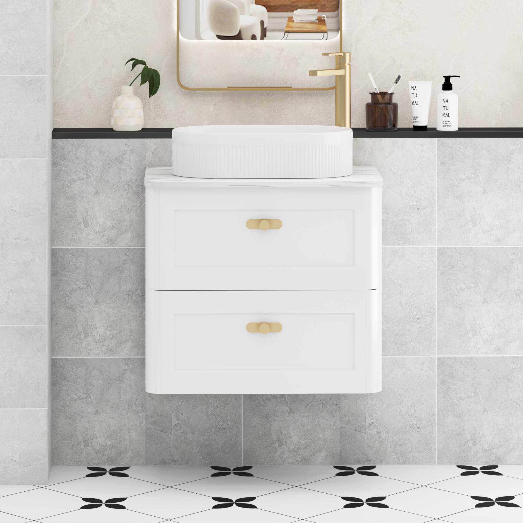 Henley Gloss White Wall Hung Vanity Unit 2 Drawer with Carrara White Worktop & Various Basins & Knobs