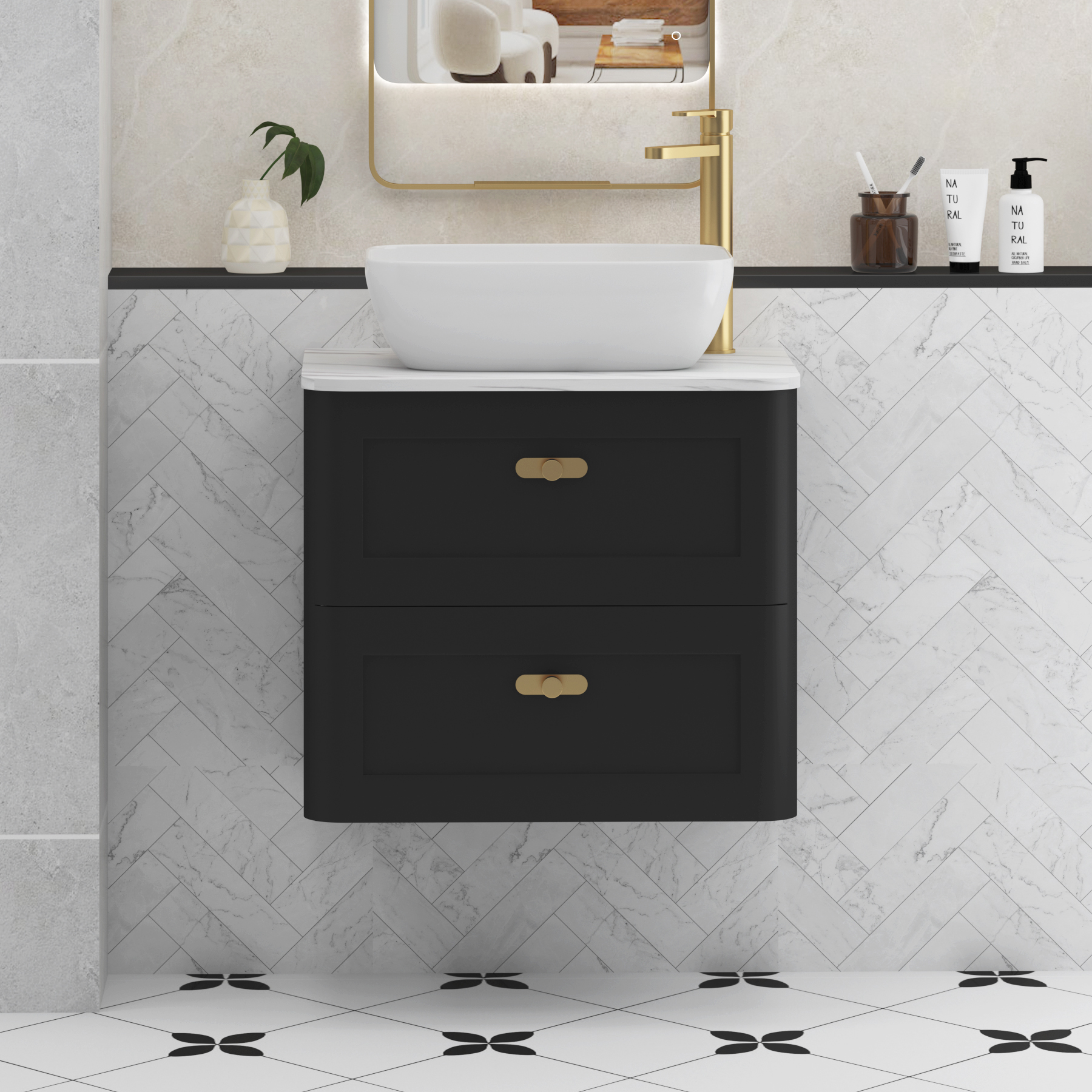 Henley Matt Nocturne Black Wall Hung Vanity Unit 2 Drawer with Carrara White Worktop & Various Basins & Knobs
