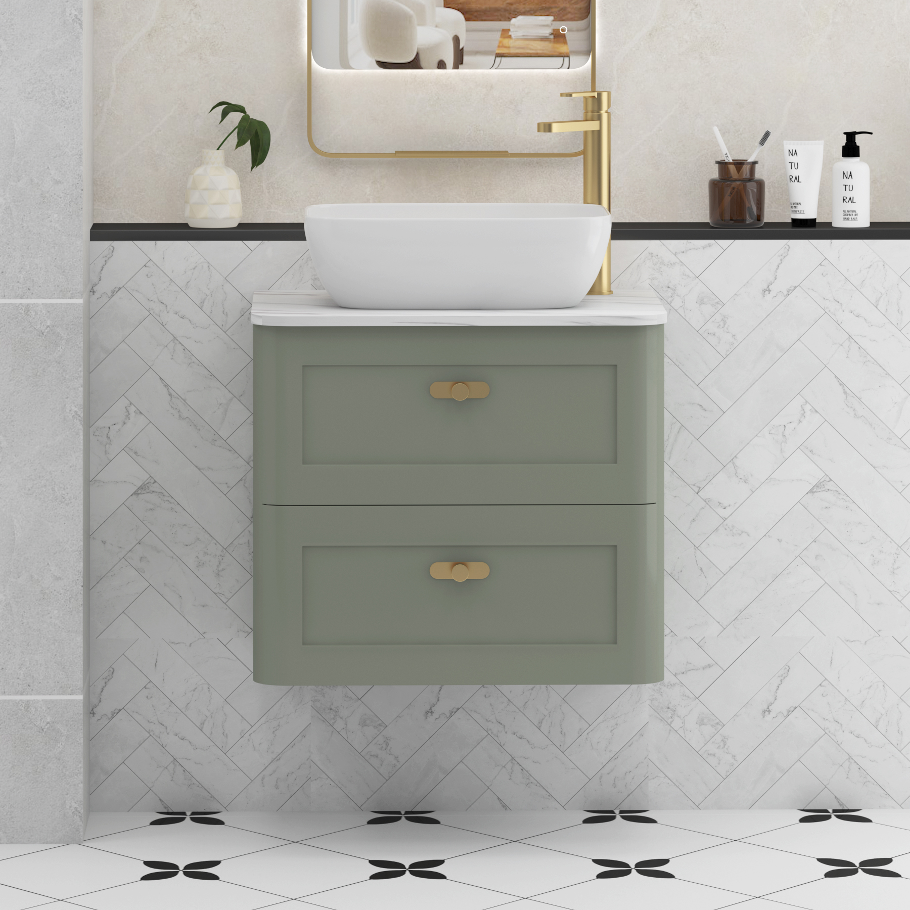Henley Sage Green Wall Hung Vanity Unit 2 Drawer with Carrara White Worktop & Various Basins & Knobs