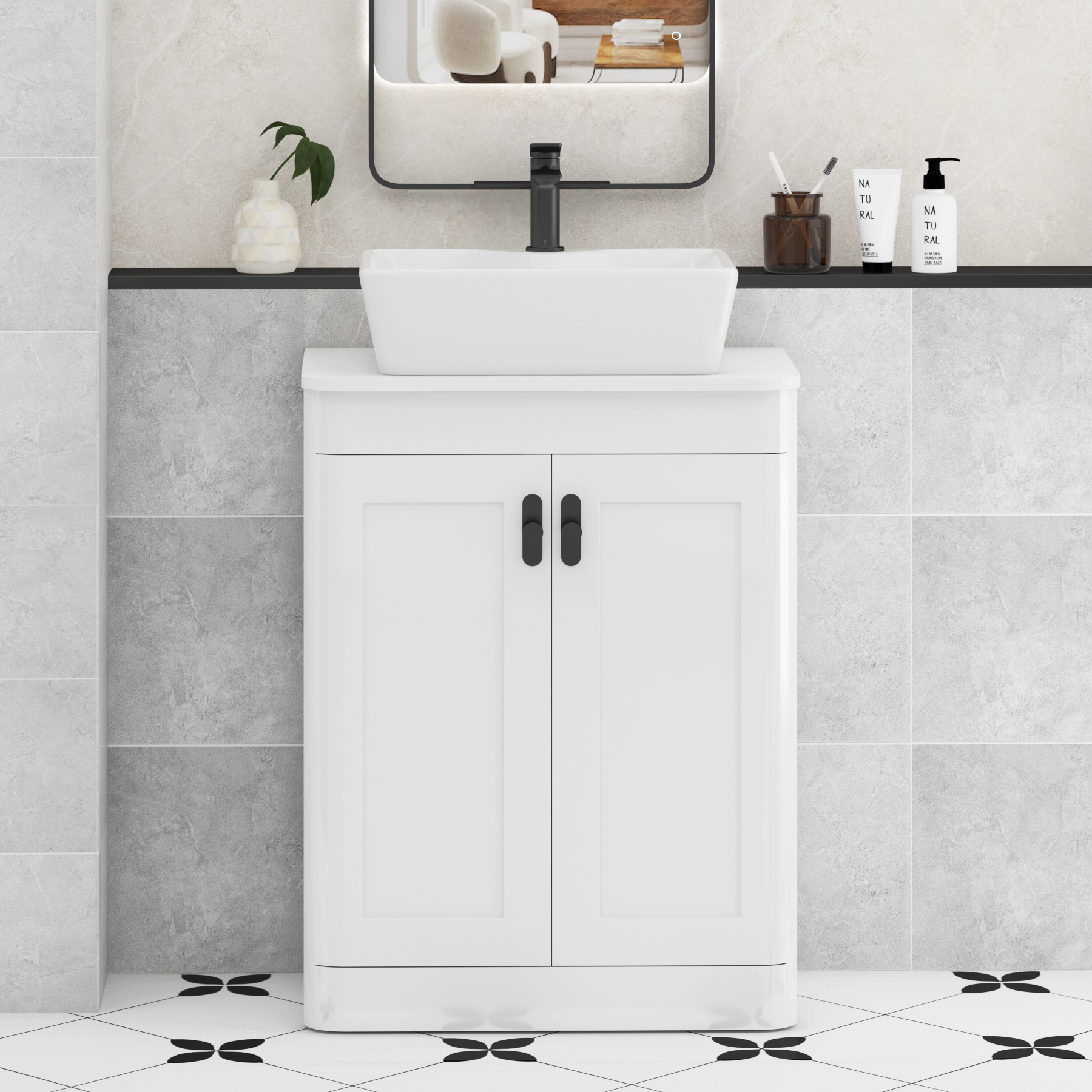 Henley Gloss White Floor Standing Vanity Unit 2 Door with Plain White Worktop & Various Basins & Knobs