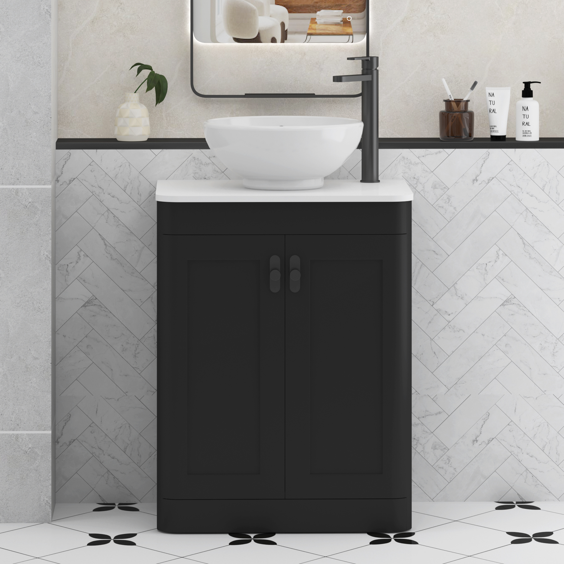 Henley Matt Nocturne Black Floor Standing Vanity Unit 2 Door with Plain White Worktop & Various Basins & Knobs