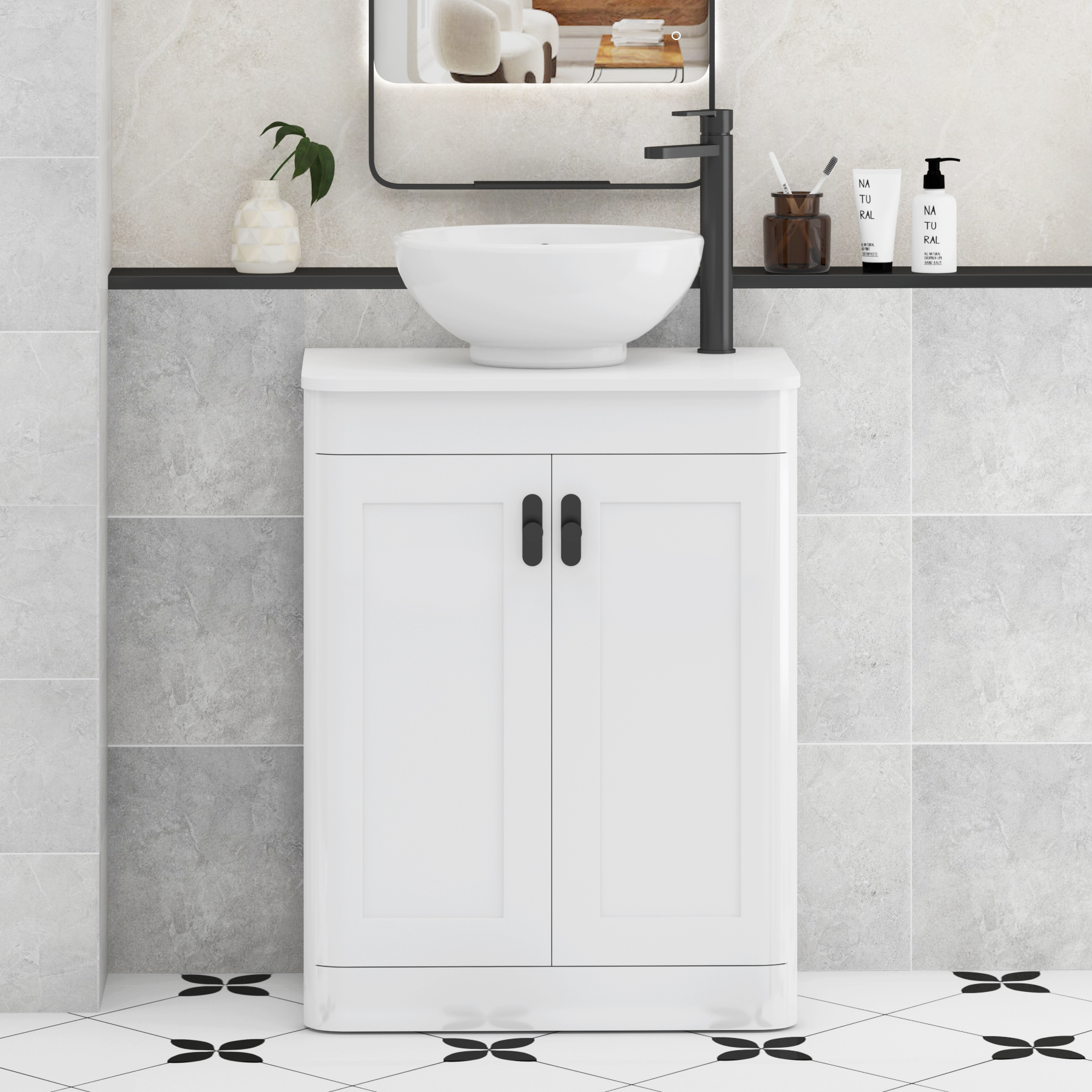 Henley Gloss White Floor Standing Vanity Unit 2 Door with Plain White Worktop & Various Basins & Knobs